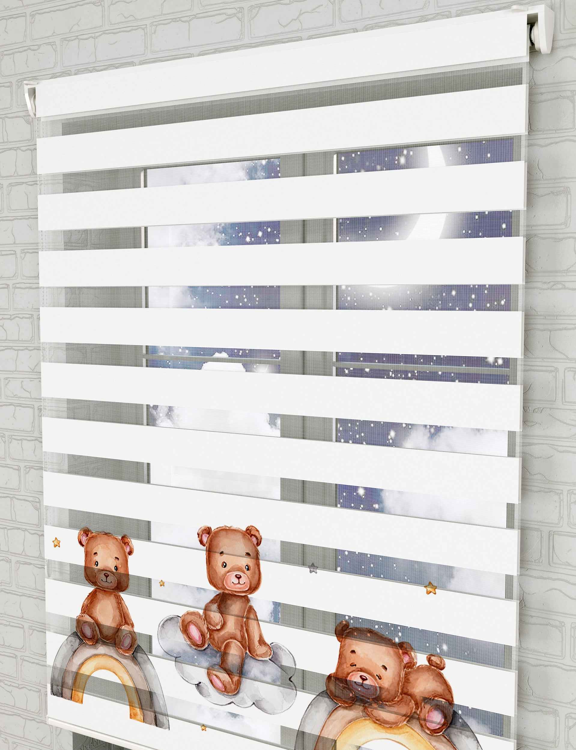 Gökkuşağı ve Sevimli Ayıcıklar Baskılı Zebra Perde - Bebek Odası Perdesi - AD HOME Tekstil