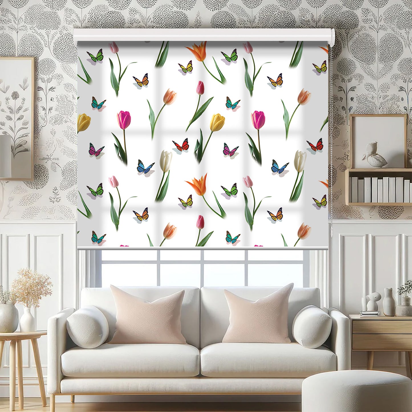 Lale ve Kelebekler Baskılı Stor Perde - Baskılı Güneşlik Perdesi - Salon Perdesi - AD HOME Tekstil