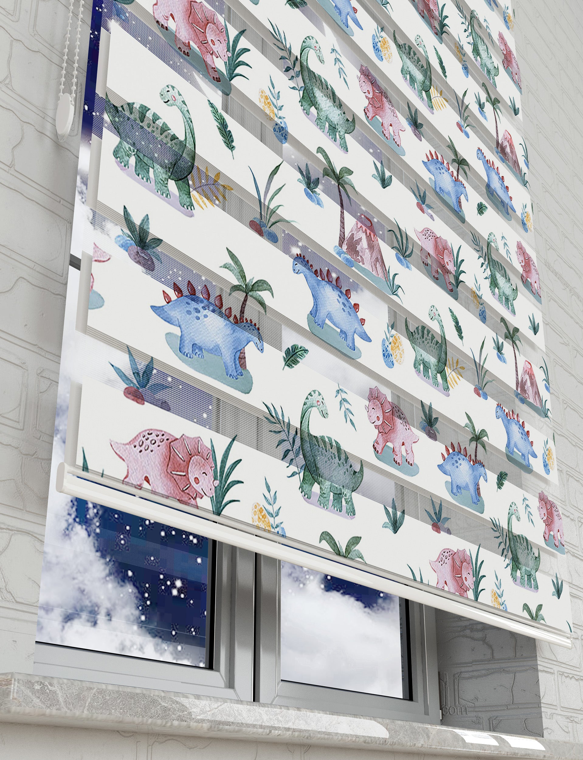 Renkli Dinazorlar Baskılı Zebra Perde - Bebek Odası Perdesi - AD HOME Tekstil