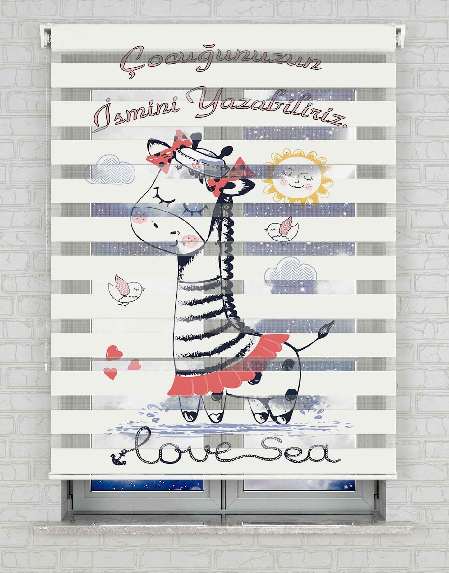 Zürafa Çocuk İsimli Baskılı Zebra Perde - Bebek Odası Perdesi