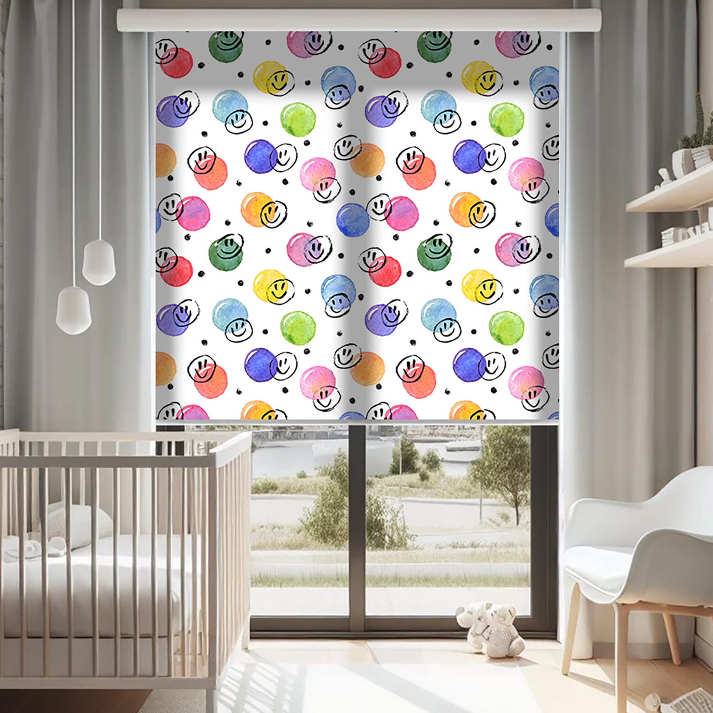 Sevimli yüzler Baskılı Stor Perde - Baskılı Güneşlik Perdesi - Bebek Odası Perdesi - AD HOME Tekstil
