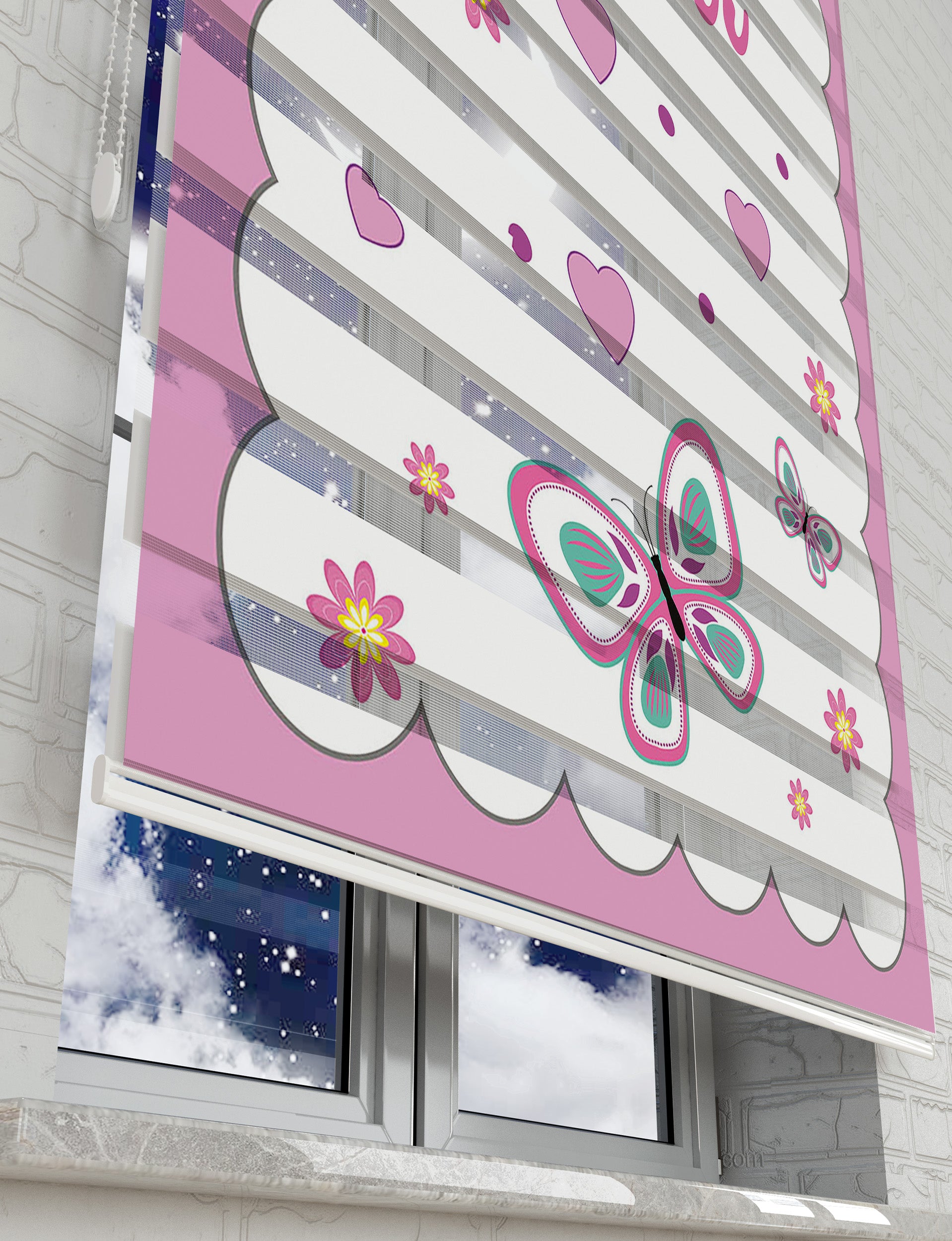 Pembe Kelebekler Baskılı Zebra Perde - Bebek Odası Perdesi - Kız Çocuk Odası Perdesi - AD HOME Tekstil