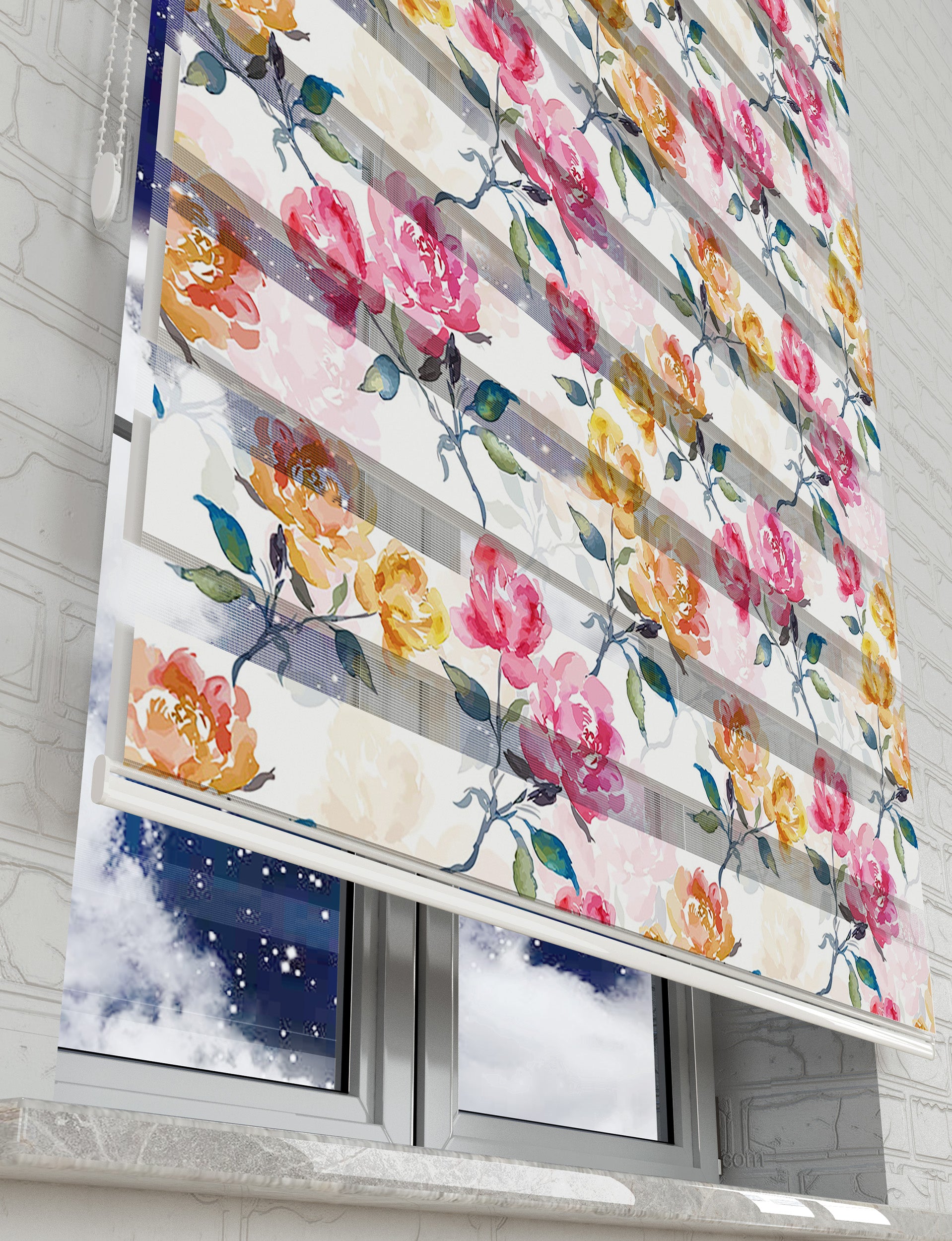 Pembe Sarı Güller Suluboya Baskılı Zebra Perde - Mutfak Perdesi, Salon Perdesi - AD HOME Tekstil