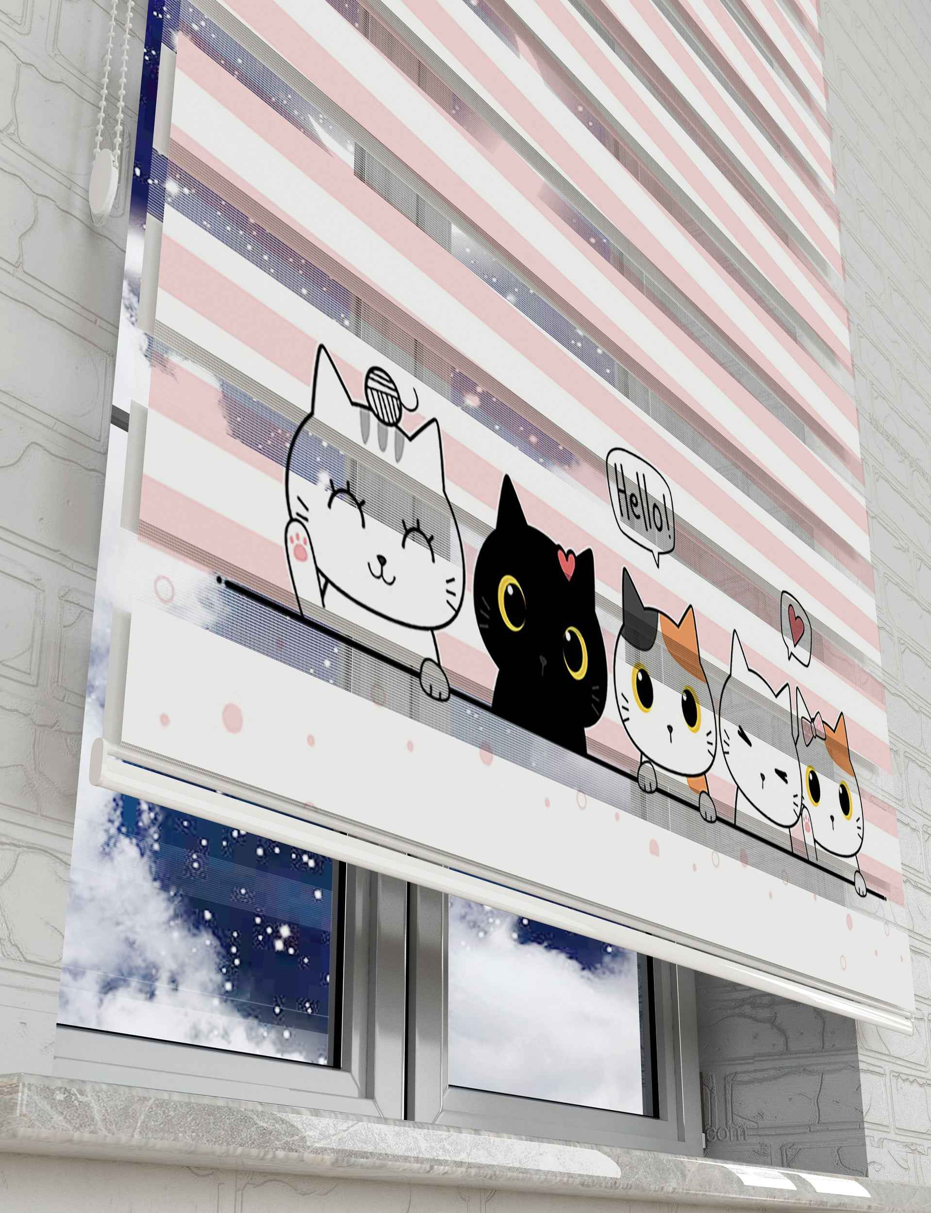 Sevimli Kediler vektör Baskılı Zebra Perde - Çocuk Odası Perdesi - AD HOME Tekstil
