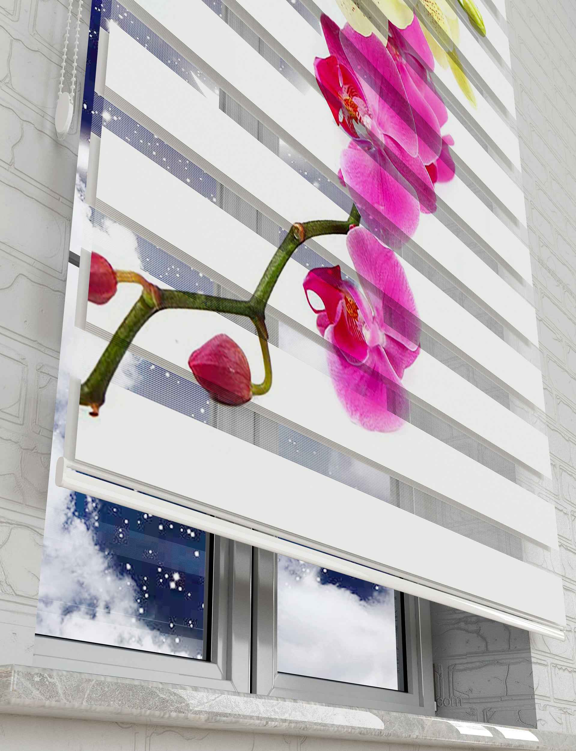 Orkide Çiçeği Baskılı Zebra Perde -Mutfak Perdesi - AD HOME Tekstil