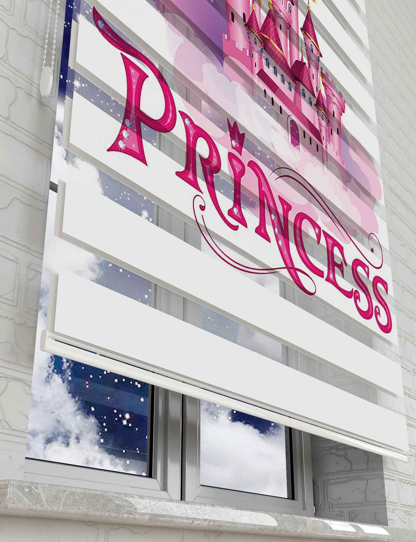 Prenses Temalı Zebra Perde - Prensesin Şatosu Baskılı Kız Çocuk Odası Perdesi - AD HOME Tekstil