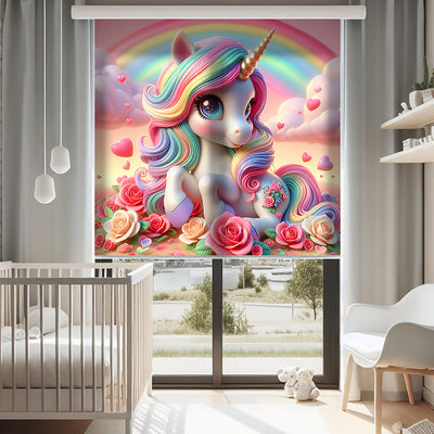 Unicorn ve Çiçekler Baskılı Stor Perde, Güneşlik, Bebek Odası Perde, Kız Çocuk Odası Perde