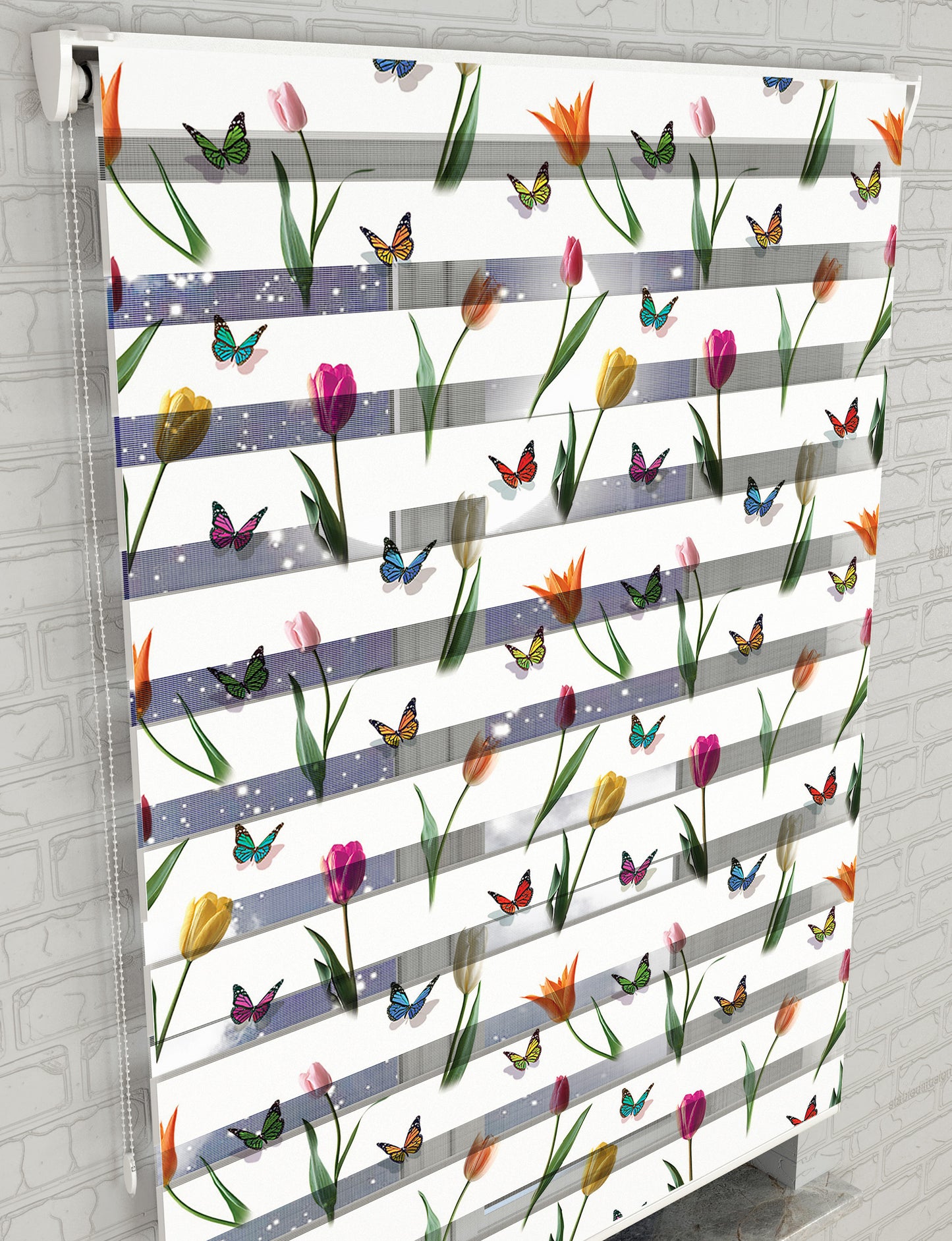 Lale ve Kelebekler Baskılı Zebra Perde -Salon Perdesi - AD HOME Tekstil