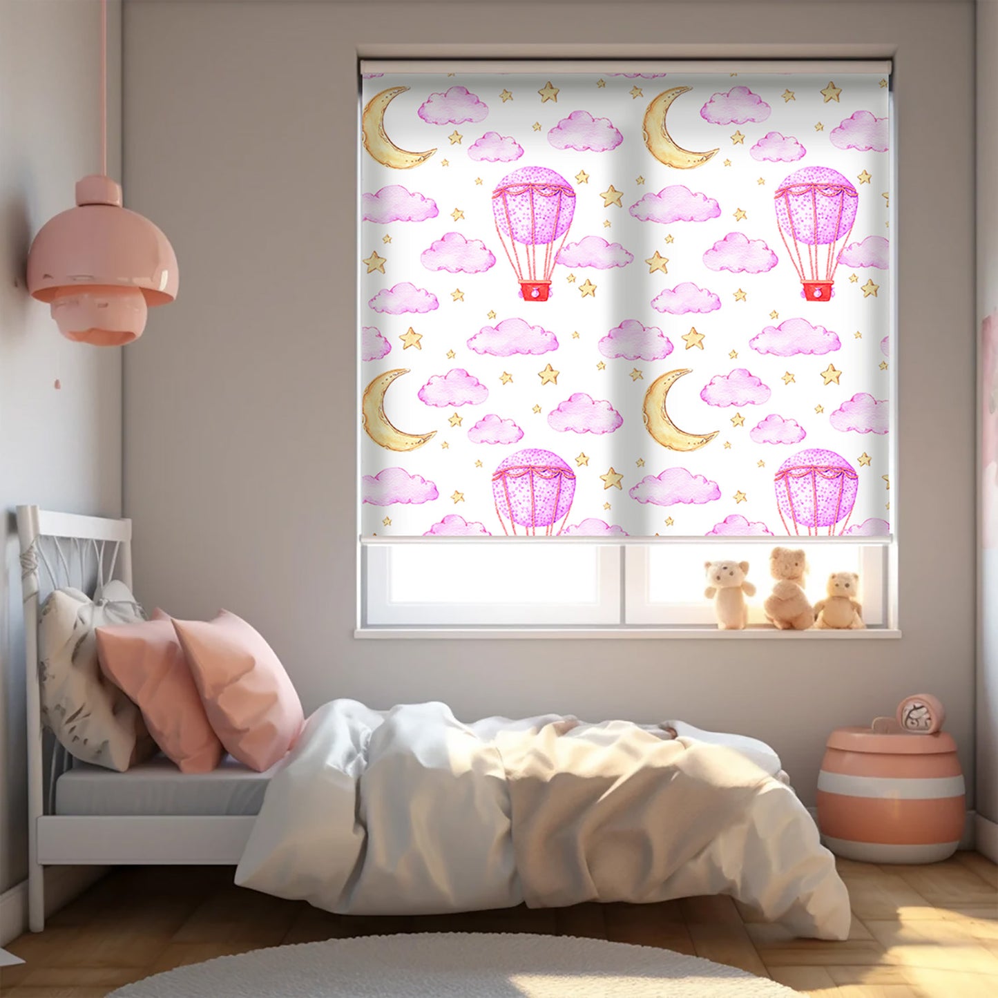 Pembe Bulutlar ve Aydede Baskılı Stor Perde - Güneşlik Perdesi - Bebek Odası Perdesi