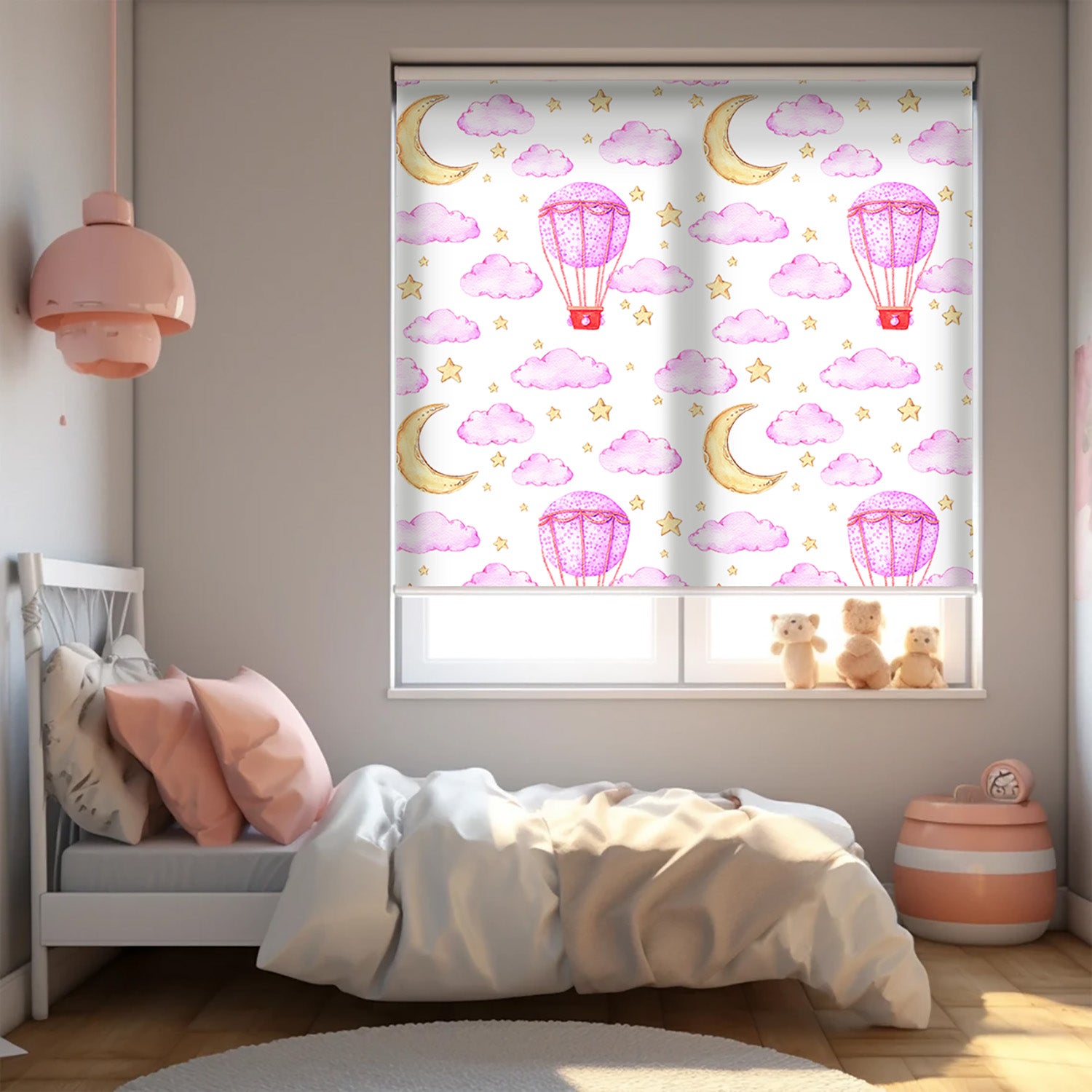 Pembe Bulutlar ve Aydede Baskılı Stor Perde - Güneşlik Perdesi - Bebek Odası Perdesi