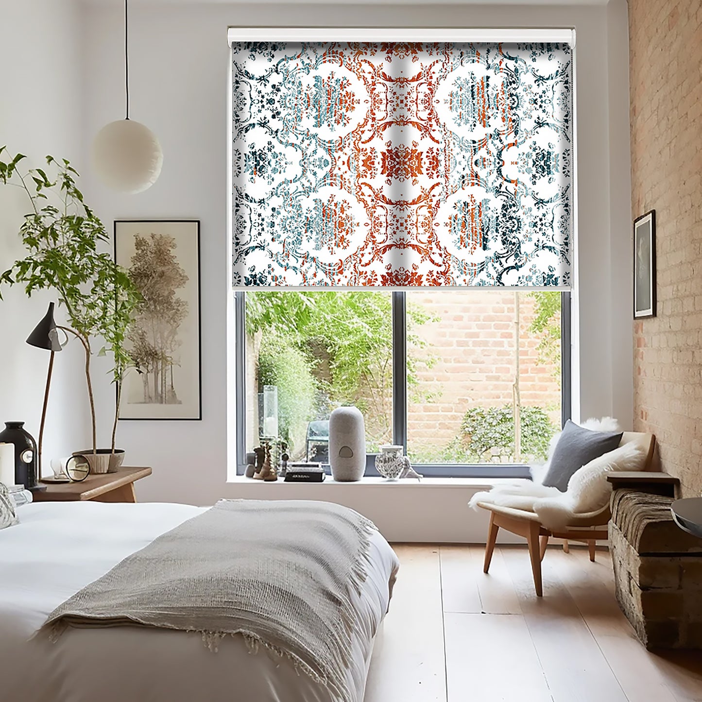 Turuncu Turkuaz Motif Baskılı Stor Perde, Salon Perde, Mutfak Perde, Yatak Odası Perde - AD HOME Tekstil