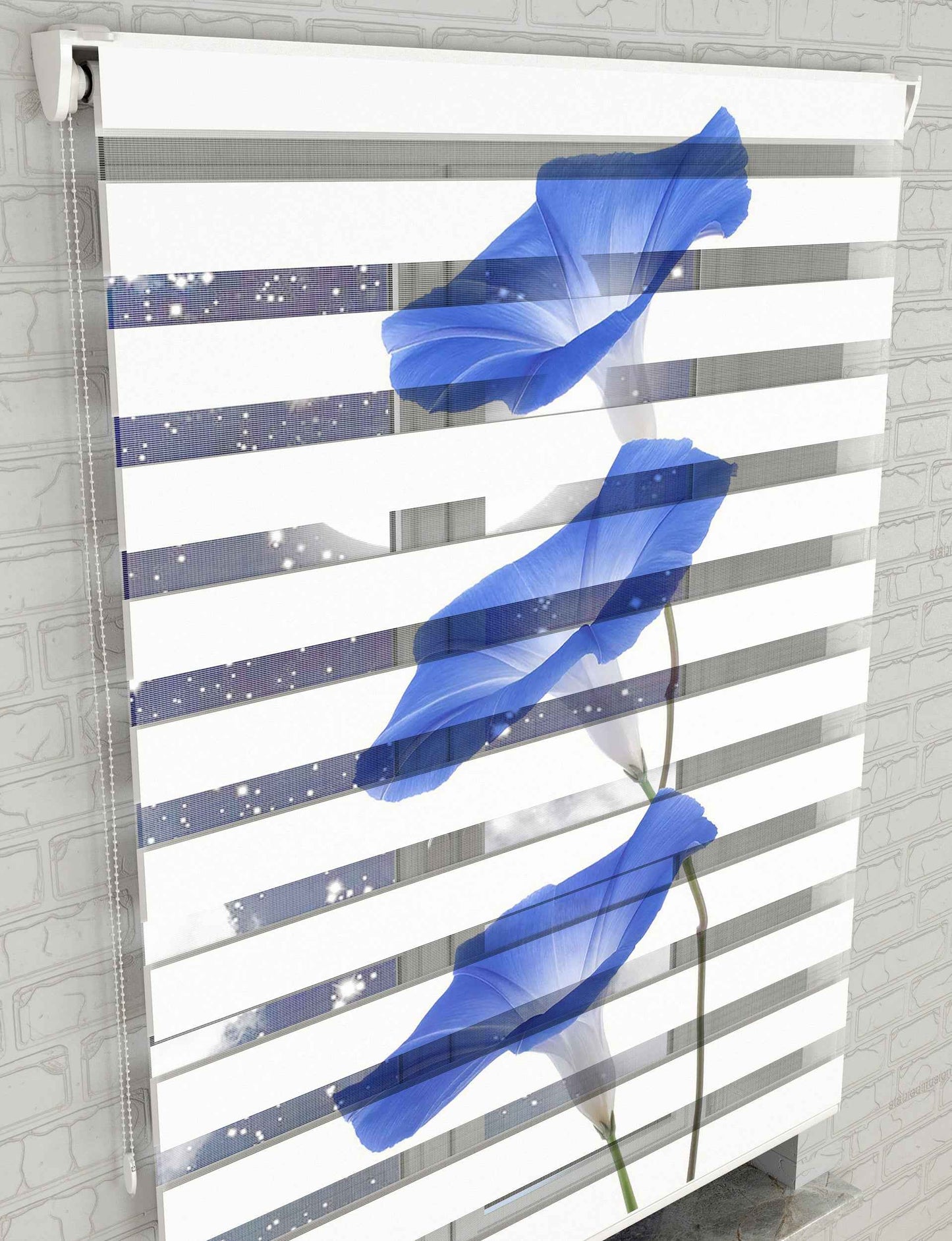 Mavi 3 Çiçek Baskılı Zebra Perde -Mutfak Perdesi - AD HOME Tekstil