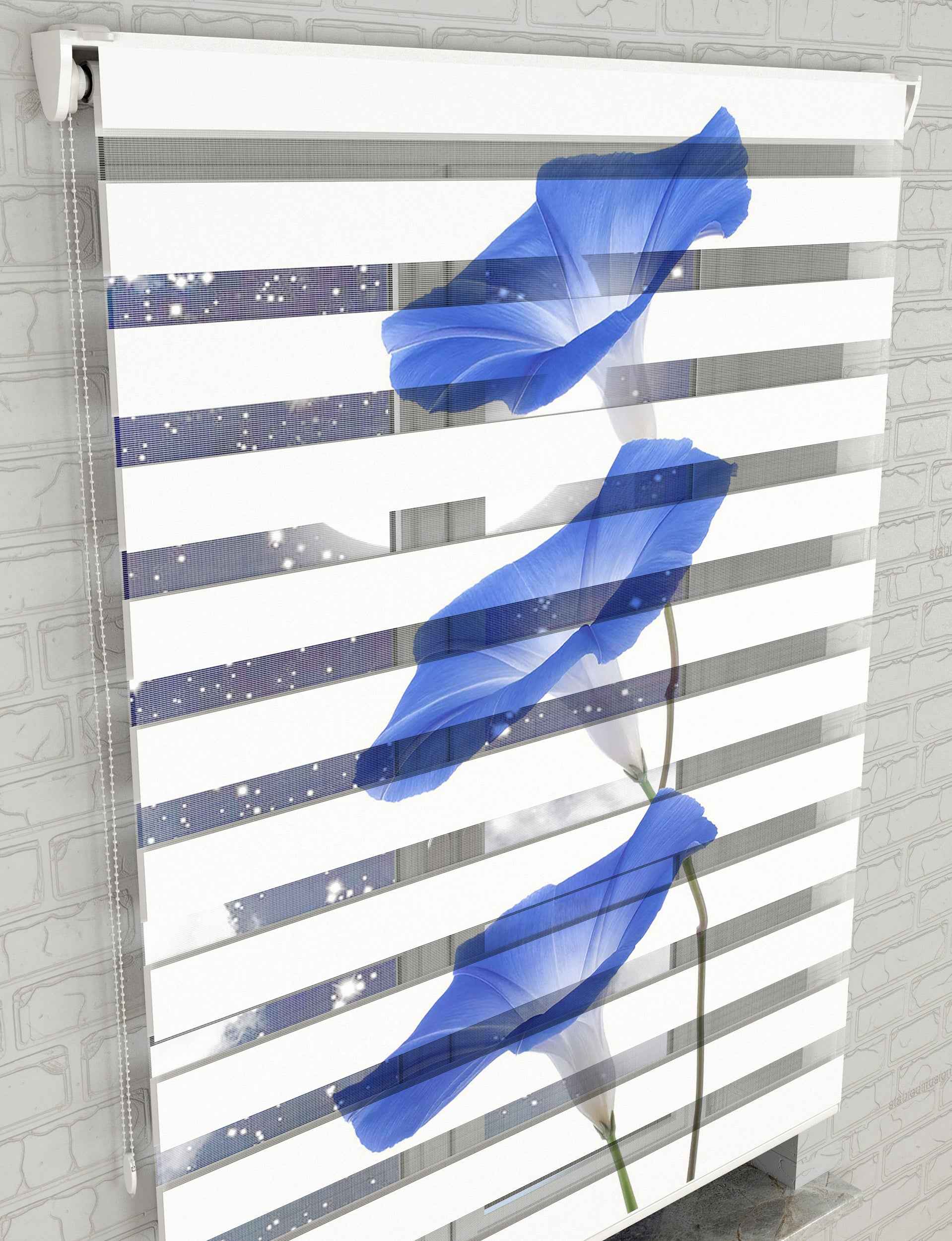 Mavi 3 Çiçek Baskılı Zebra Perde -Mutfak Perdesi - AD HOME Tekstil