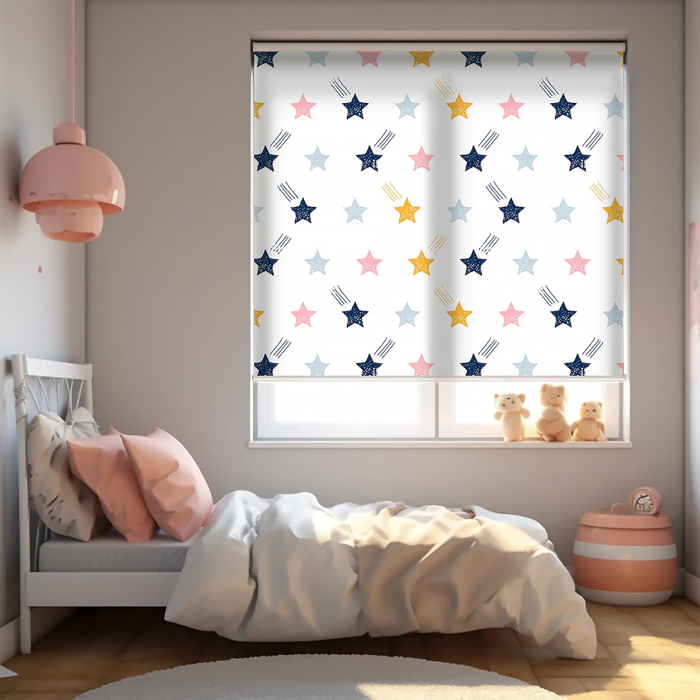 Renkli Yıldızlar Baskılı Stor Perde - Güneşlik - Bebek Odası Perde, Erkek Çocuk Odası Perde - AD HOME Tekstil
