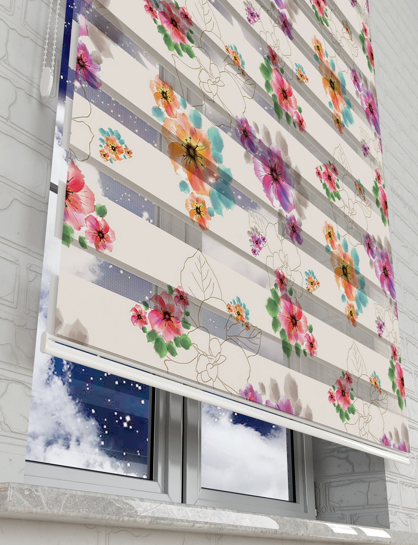 Renkli Çiçekler Baskılı Zebra Perde -Salon Perdesi - AD HOME Tekstil