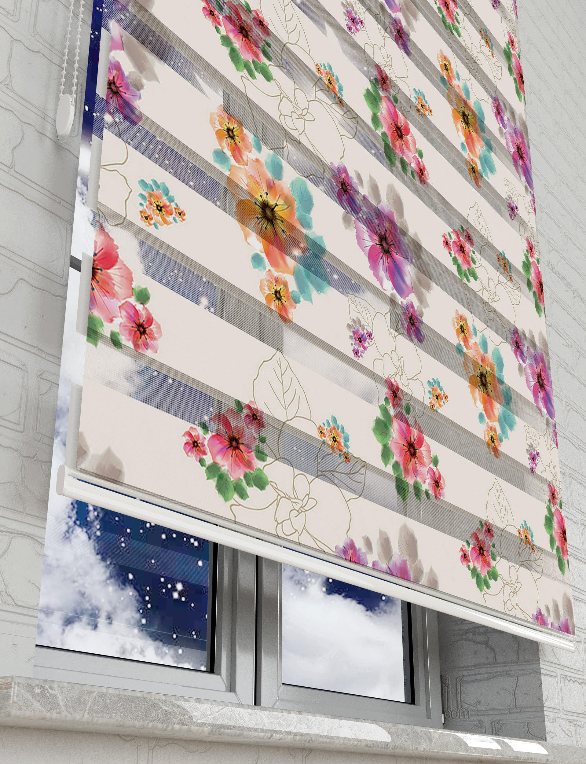 Renkli Çiçekler Baskılı Zebra Perde -Salon Perdesi - AD HOME Tekstil
