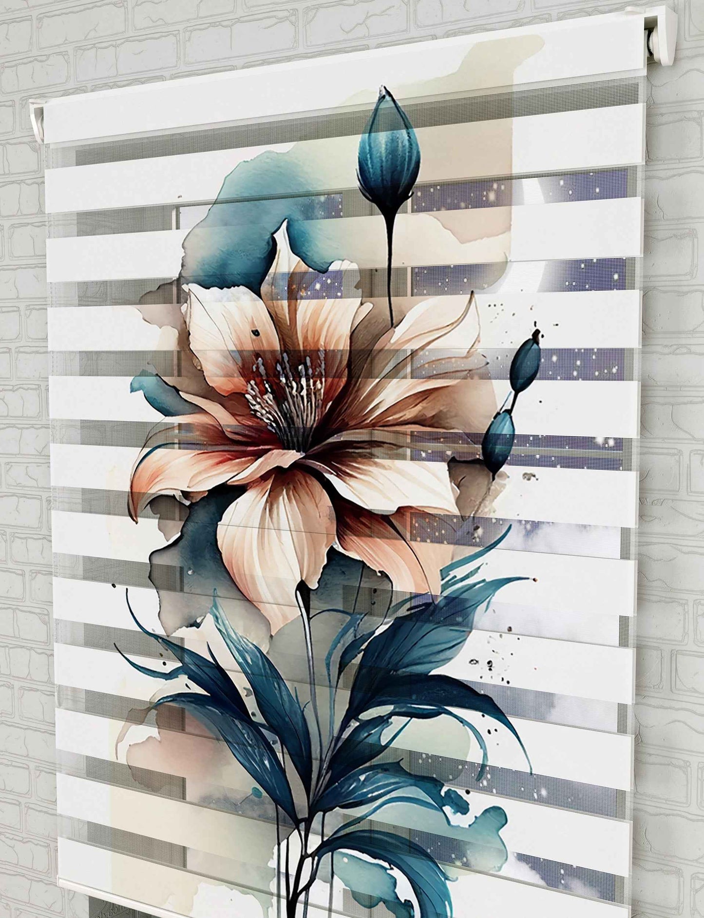 Suluboya ve Çiçekler Baskılı Zebra Perde - Salon Perdesi, Mutfak Perdesi - AD HOME Tekstil