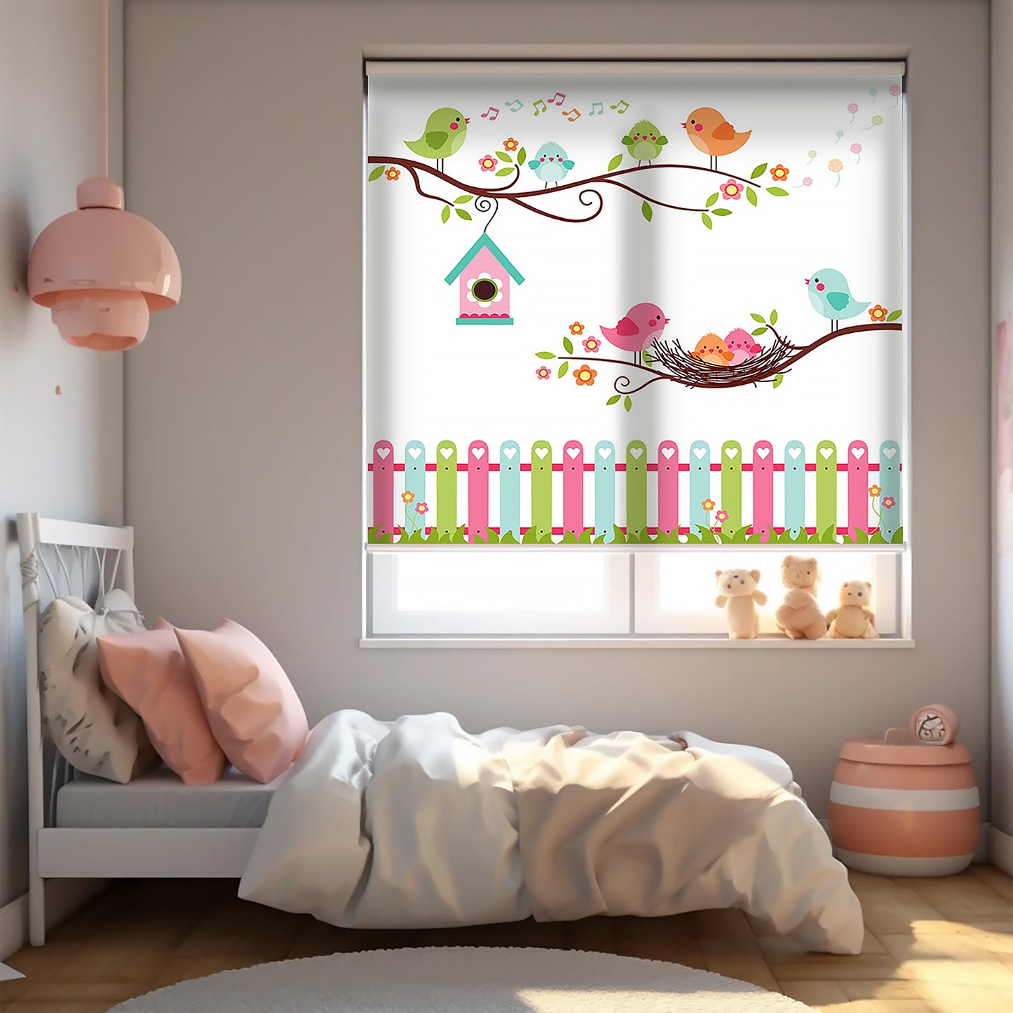 Kuşlar ve Çitler Vektör Baskılı Stor Perde - Güneşlik Perdesi - Bebek Odası Perdesi - AD HOME Tekstil