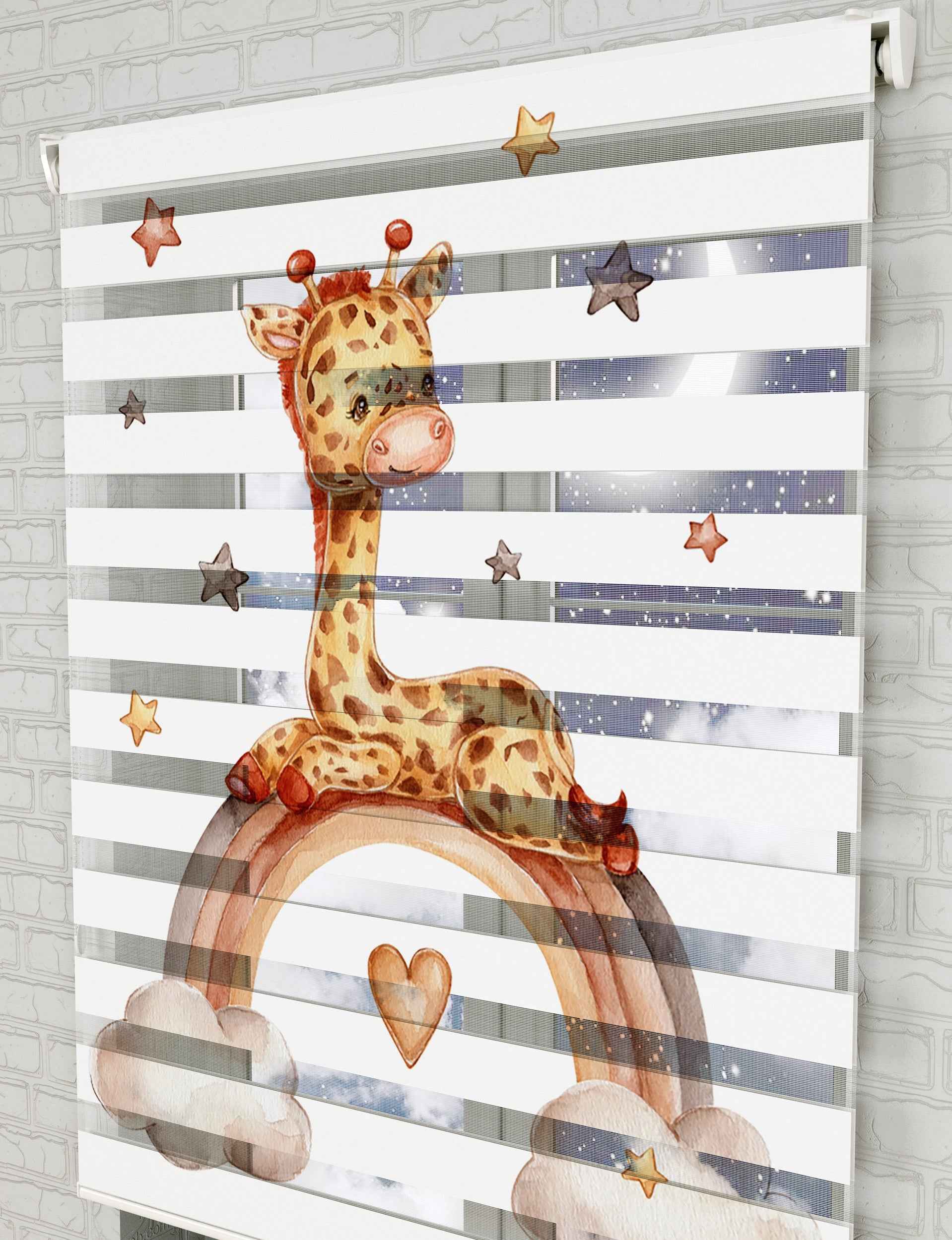 Gökkuaşağı ve Sevimli Zürafa Baskılı Zebra Perde - Bebek Odası Perdesi - AD HOME Tekstil