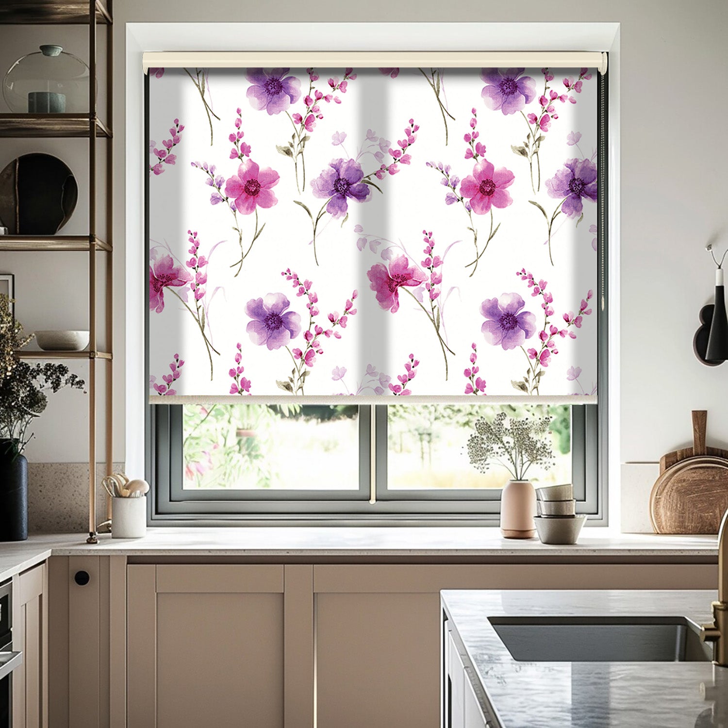 Mor Çiçekler Baskılı Stor Perde - Baskılı Güneşlik Perdesi - Salon Perdesi - AD HOME Tekstil