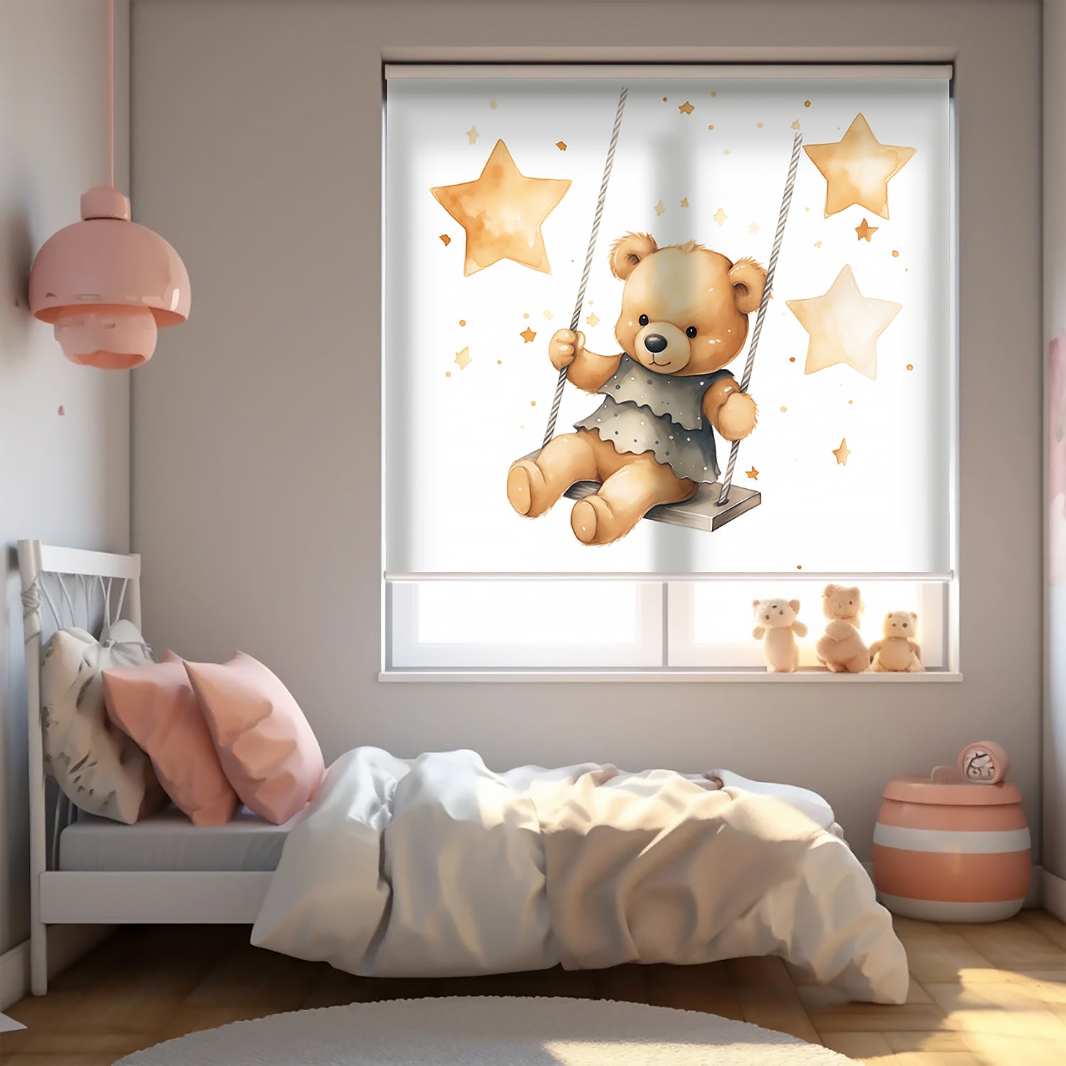 Salıncak Sevimli Ayıcık Baskılı Stor Perde - Bebek Odası Perde, Kız Çocuk Odası Perde - AD HOME Tekstil