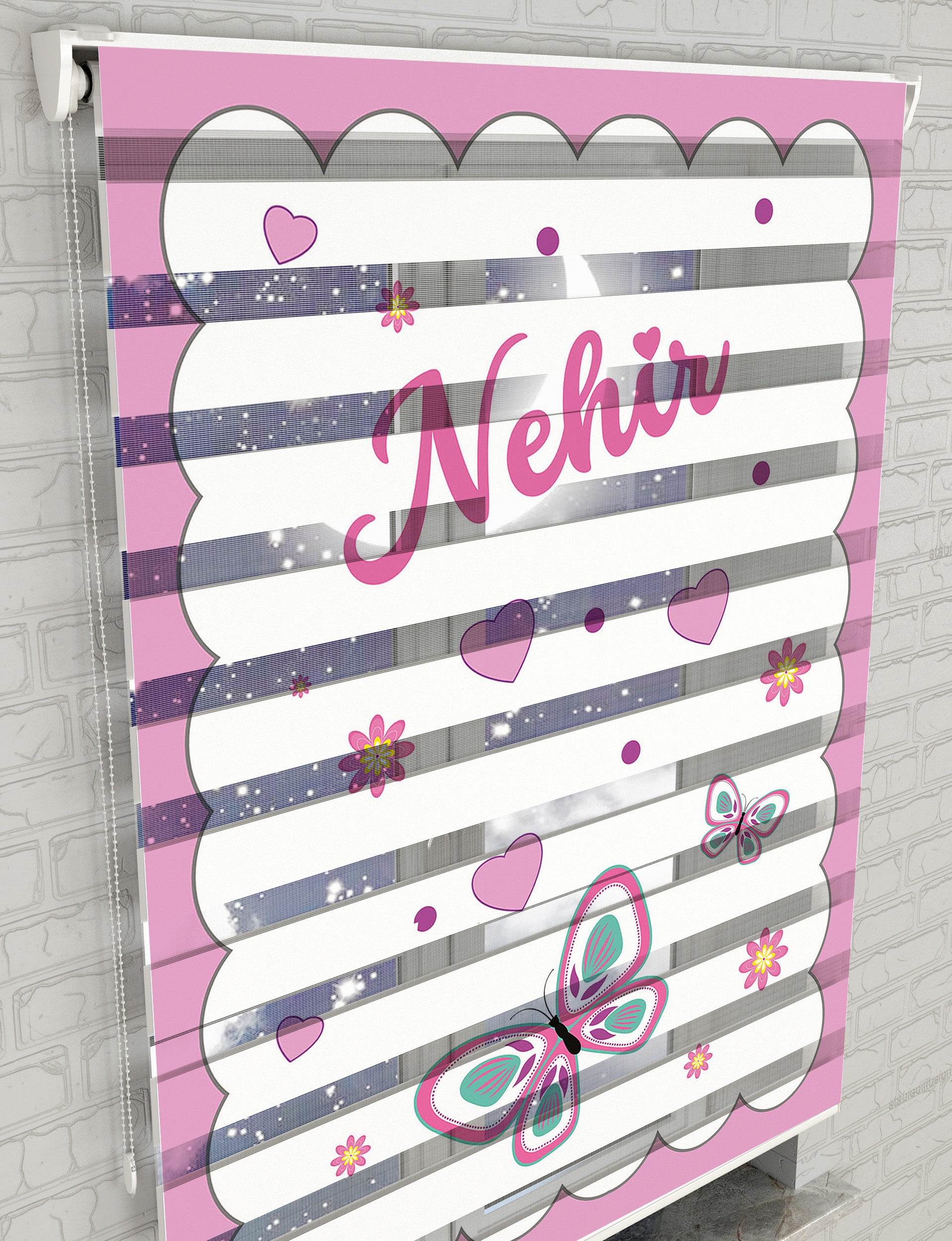 Pembe Kelebekler Baskılı Zebra Perde - Bebek Odası Perdesi - Kız Çocuk Odası Perdesi - AD HOME Tekstil