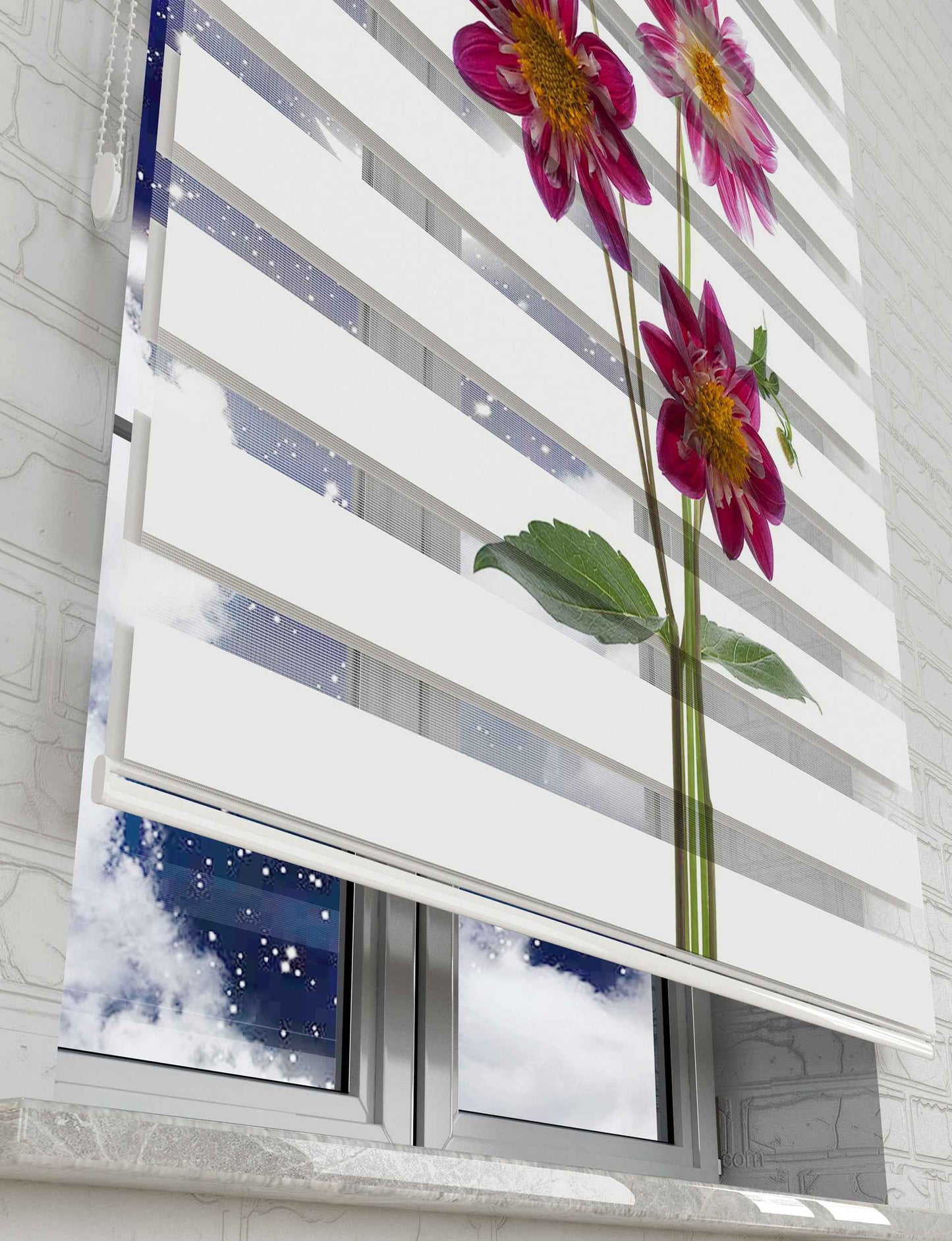 Mor Çiçekler Baskılı Zebra Perde -Mutfak Perdesi - AD HOME Tekstil