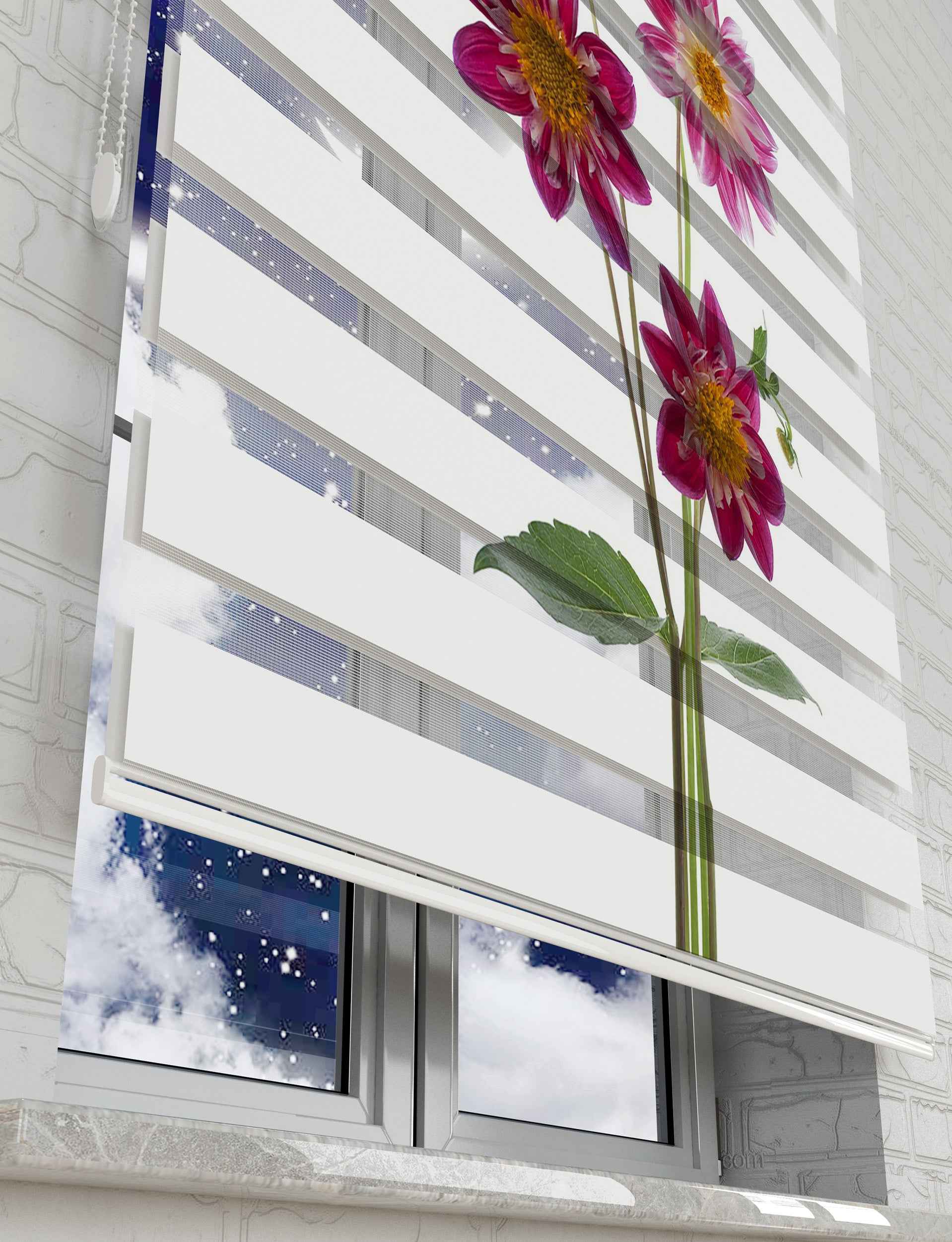 Mor Çiçekler Baskılı Zebra Perde -Mutfak Perdesi - AD HOME Tekstil