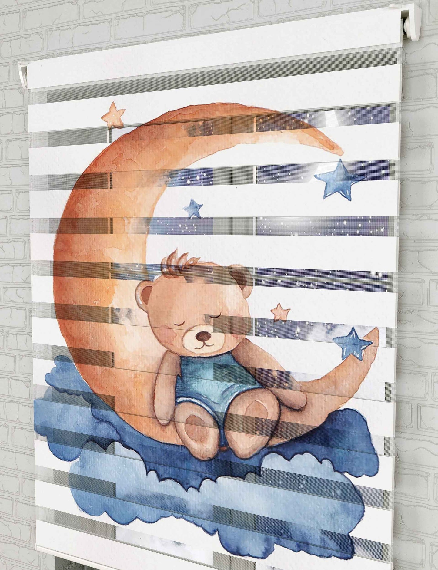 Ay Üzerinde Uyuyan Sevimli ayıcık Baskılı Zebra Perde - Bebek Odası Perdesi - AD HOME Tekstil