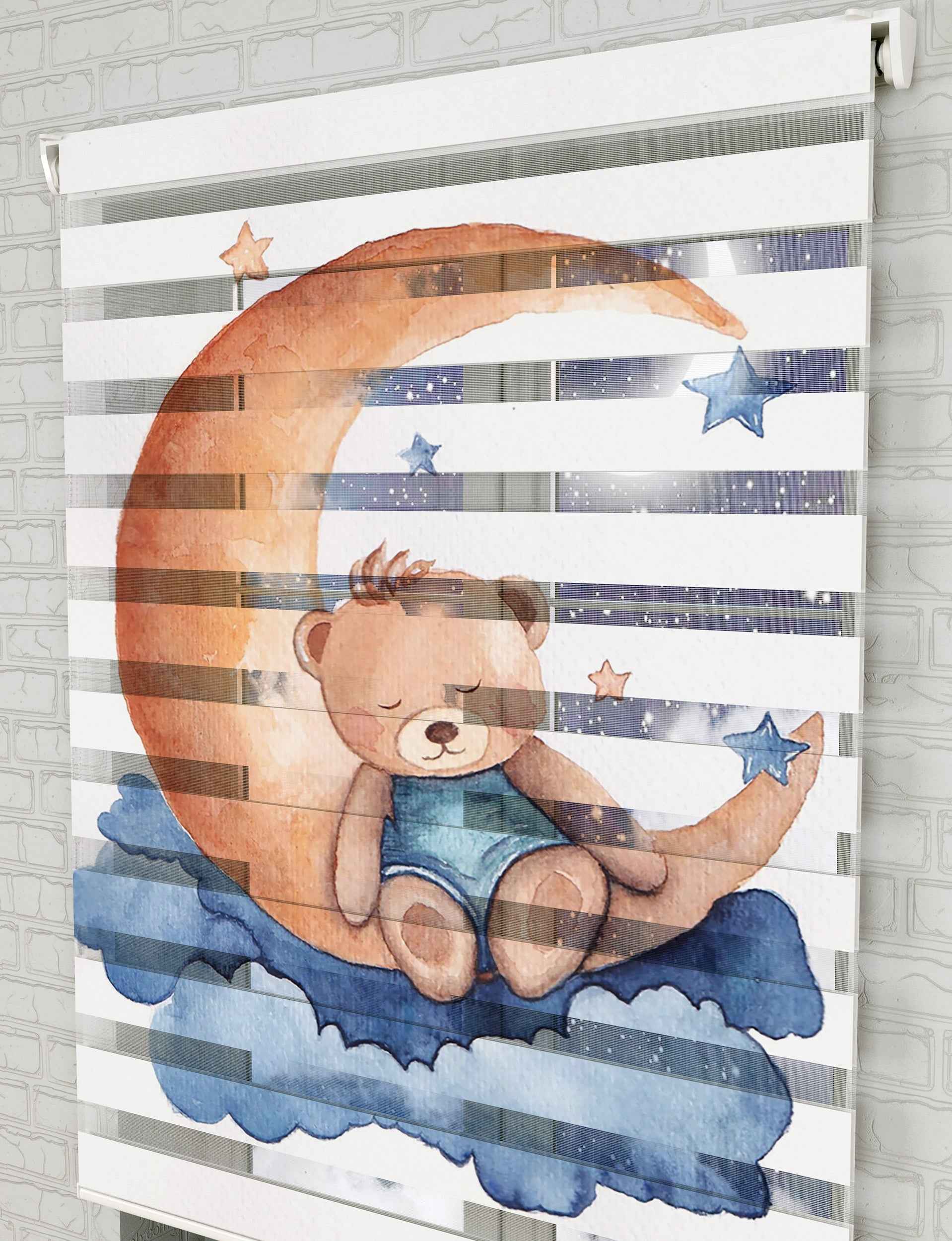 Ay Üzerinde Uyuyan Sevimli ayıcık Baskılı Zebra Perde - Bebek Odası Perdesi - AD HOME Tekstil