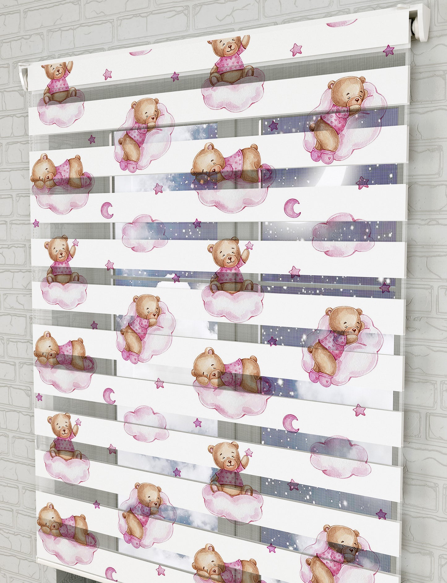 Pembe Bulutlar ve Ayıcık Baskılı Zebra Perde - Bebek Odası Perdesi - AD HOME Tekstil