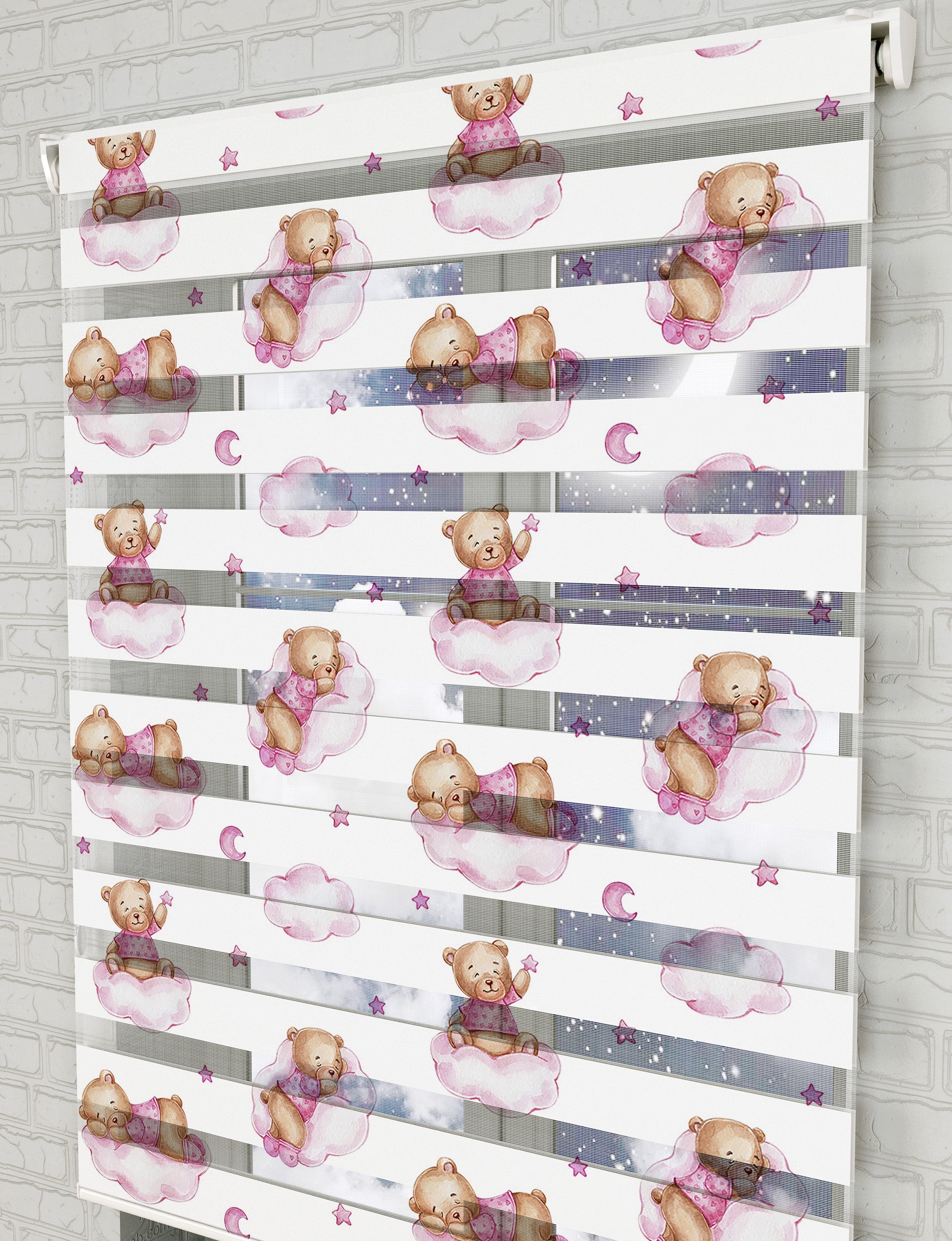 Pembe Bulutlar ve Ayıcık Baskılı Zebra Perde - Bebek Odası Perdesi - AD HOME Tekstil