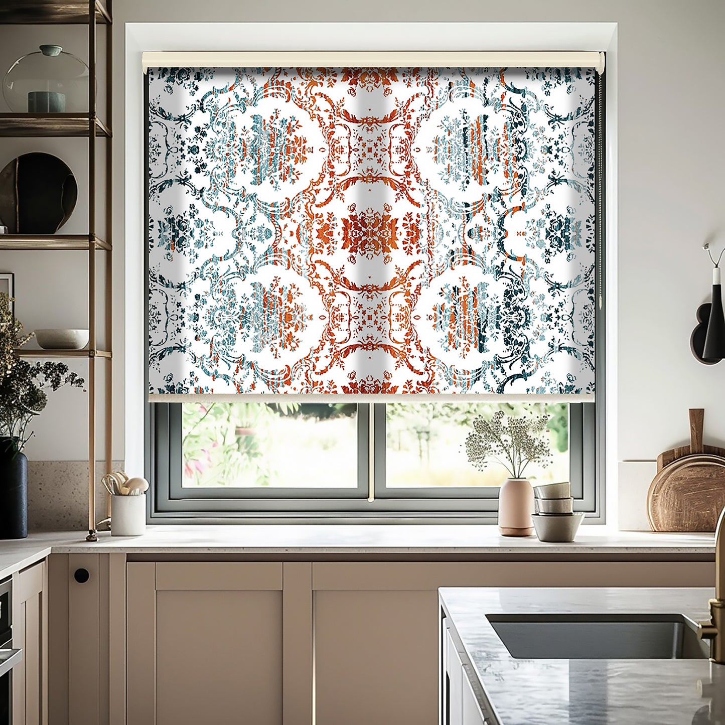 Turuncu Turkuaz Motif Baskılı Stor Perde, Salon Perde, Mutfak Perde, Yatak Odası Perde - AD HOME Tekstil