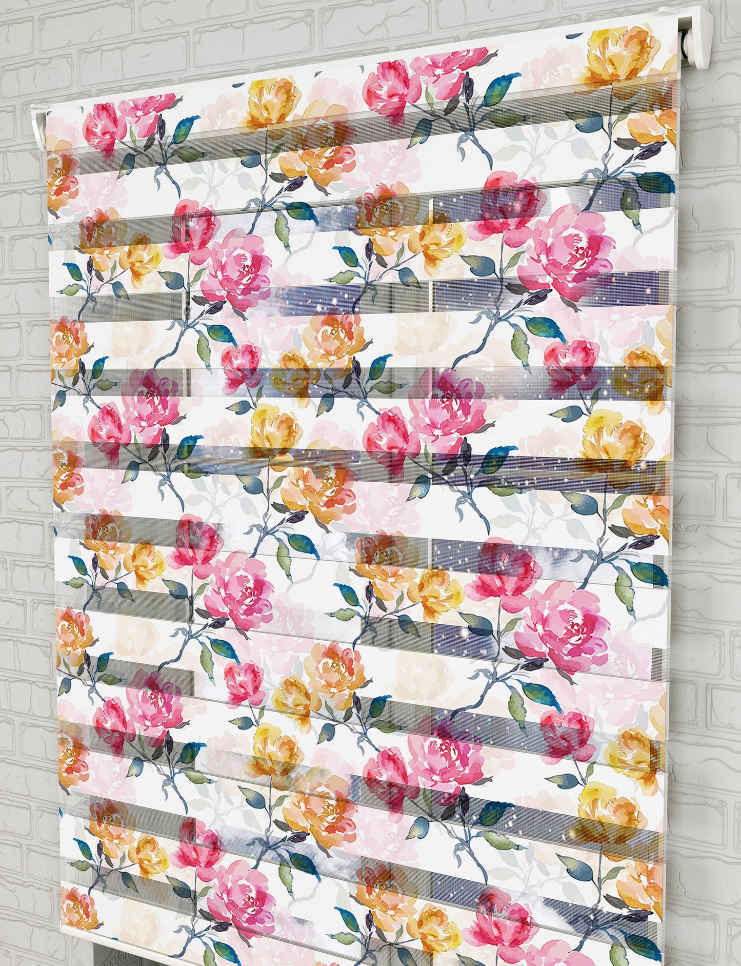 Pembe Sarı Güller Suluboya Baskılı Zebra Perde - Mutfak Perdesi, Salon Perdesi - AD HOME Tekstil