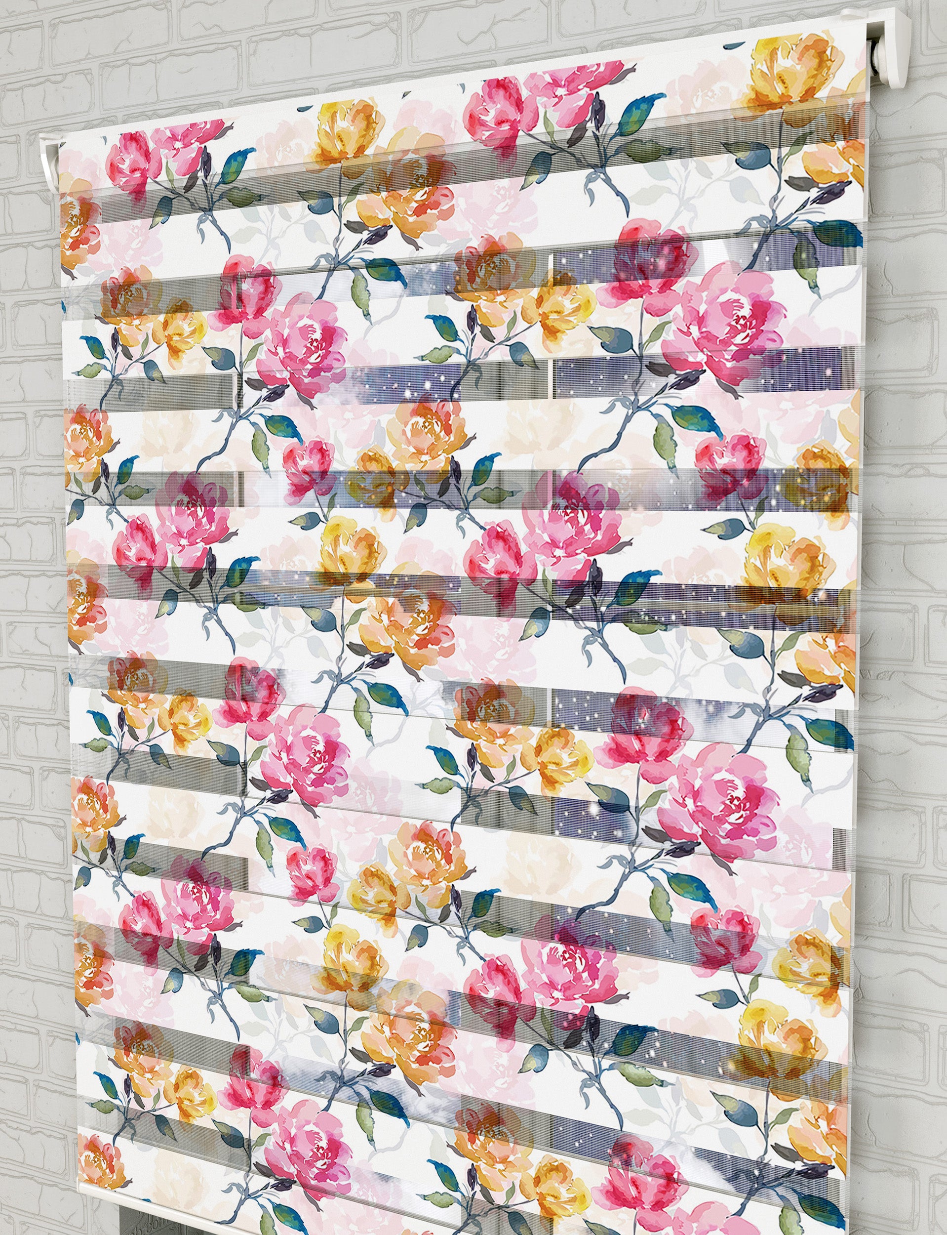 Pembe Sarı Güller Suluboya Baskılı Zebra Perde - Mutfak Perdesi, Salon Perdesi - AD HOME Tekstil