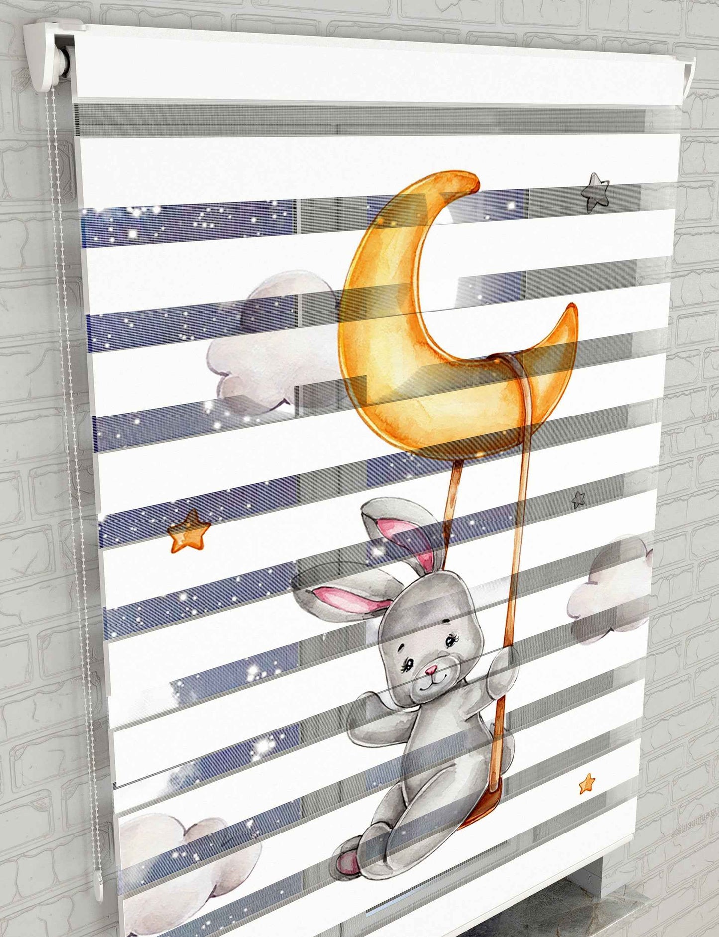 Ay Bulutlar ve Sevimli Tavşan Baskılı Zebra Perde - Bebek Odası Perdesi - AD HOME Tekstil