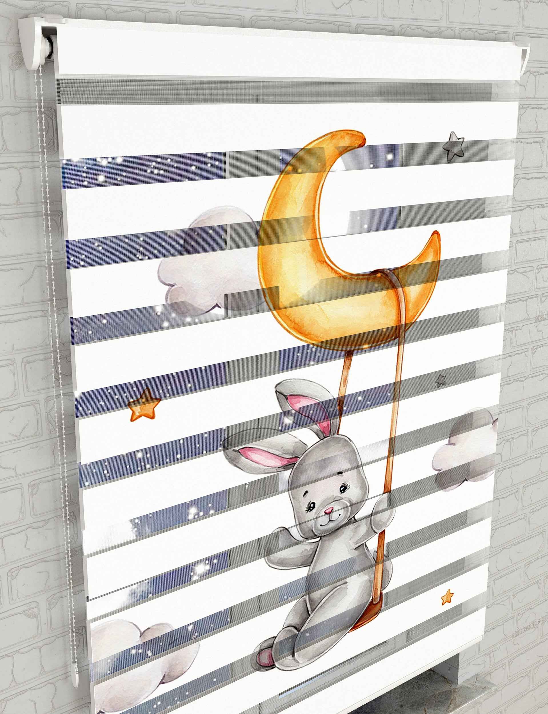 Ay Bulutlar ve Sevimli Tavşan Baskılı Zebra Perde - Bebek Odası Perdesi - AD HOME Tekstil