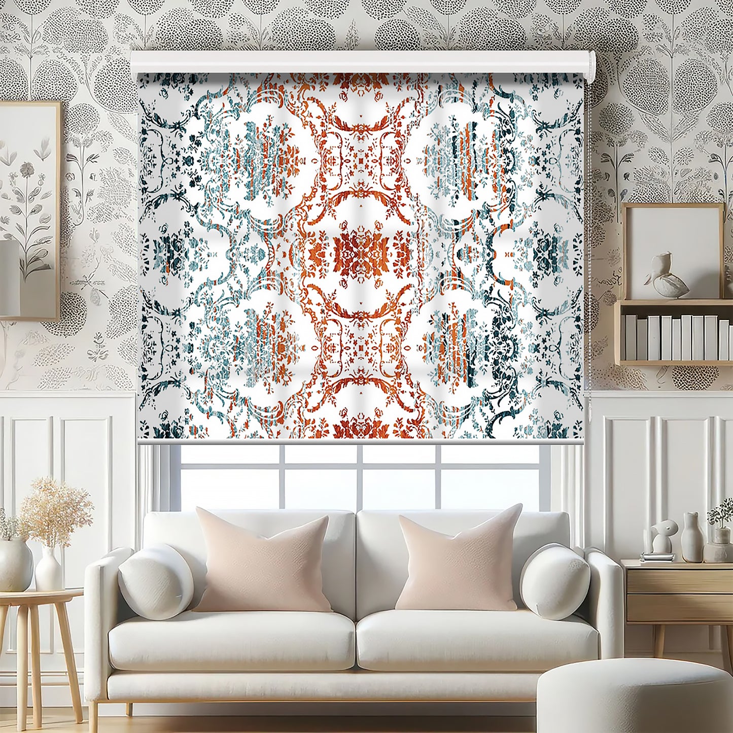 Turuncu Turkuaz Motif Baskılı Stor Perde, Salon Perde, Mutfak Perde, Yatak Odası Perde - AD HOME Tekstil