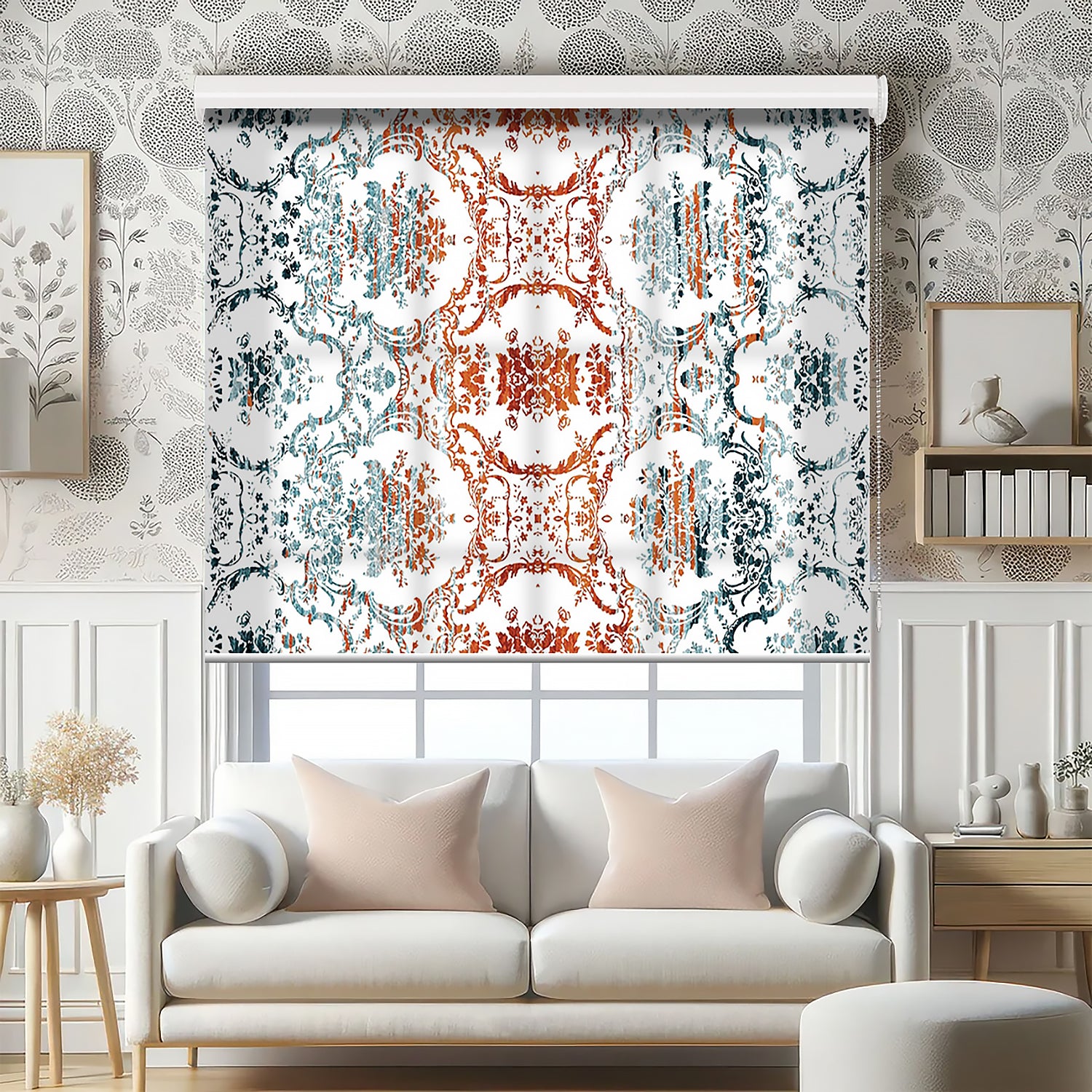 Turuncu Turkuaz Motif Baskılı Stor Perde, Salon Perde, Mutfak Perde, Yatak Odası Perde - AD HOME Tekstil