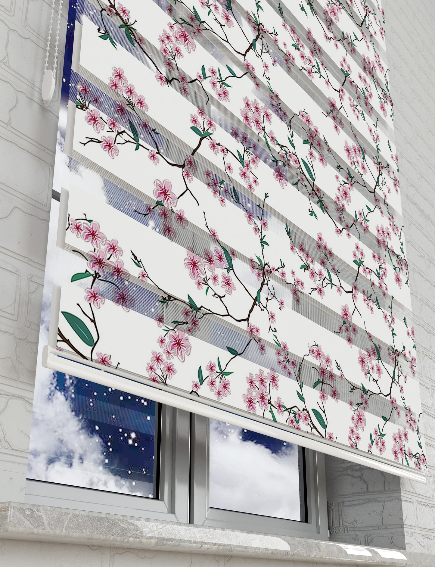 Pembe Çiçekler ve Dallar Baskılı Zebra Perde - Mutfak Perdesi - AD HOME Tekstil