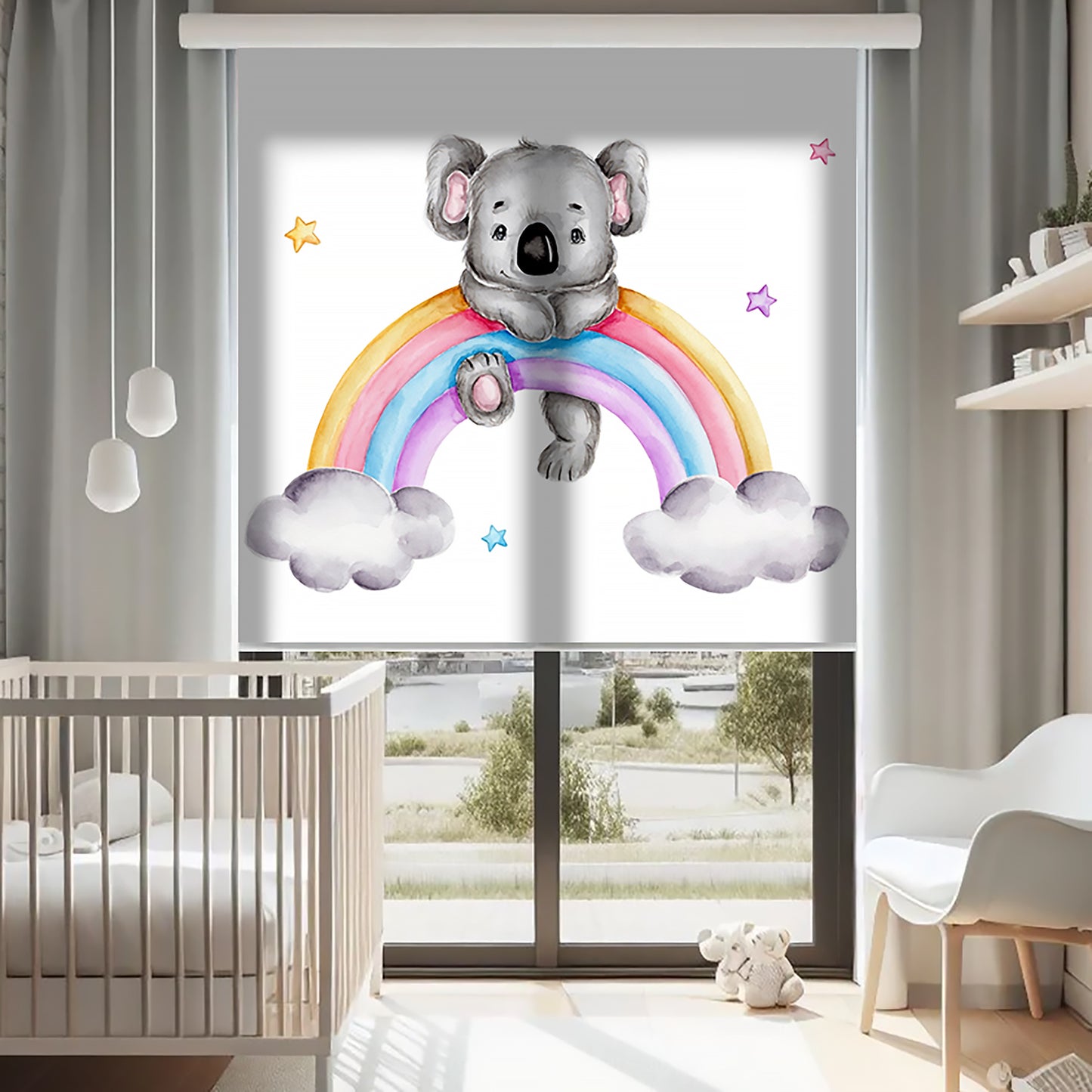 Gökkuşağı ve Sevimli Koala Baskılı Stor Perde - Güneşlik Perdesi - Bebek Odası Perdesi