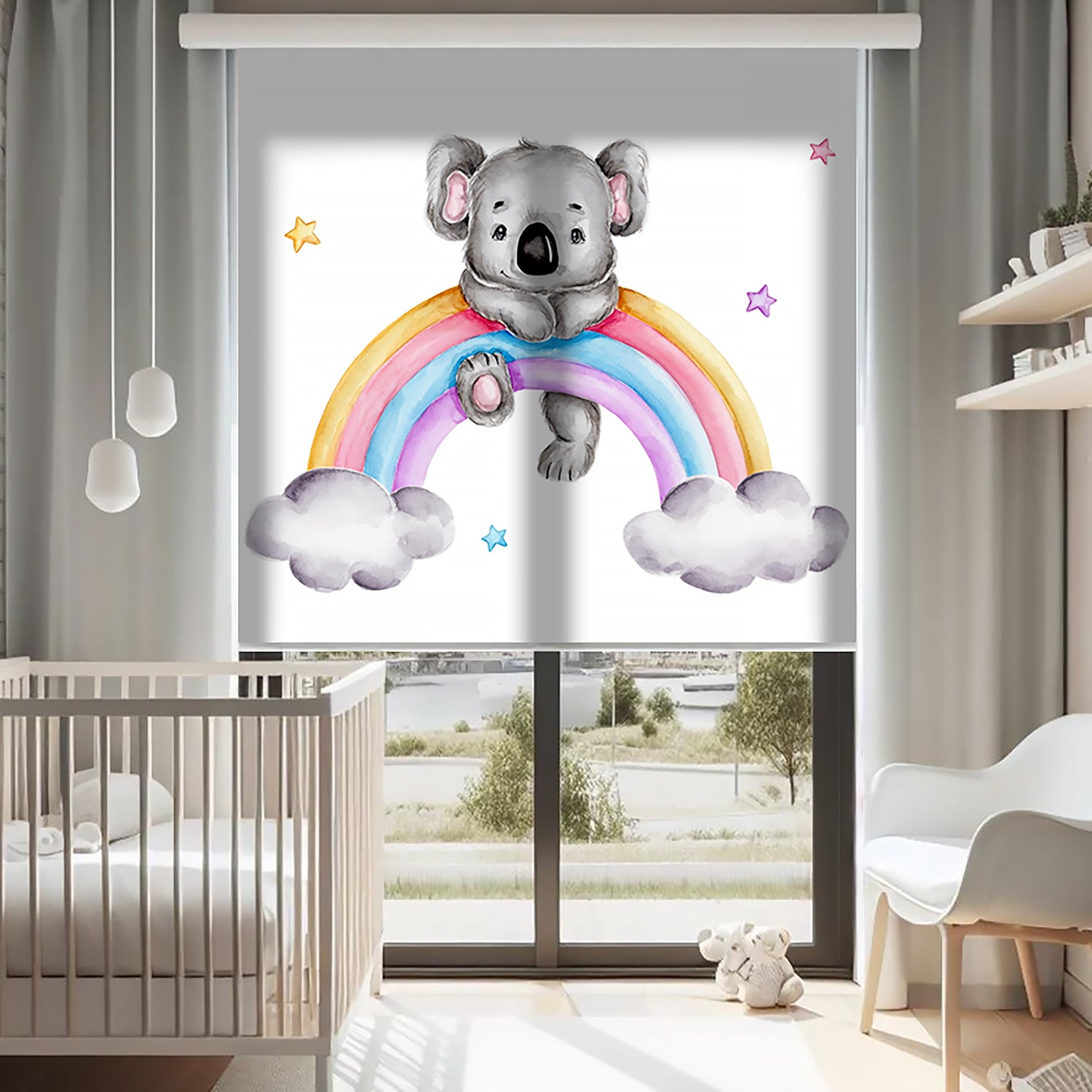 Gökkuşağı ve Sevimli Koala Baskılı Stor Perde - Güneşlik Perdesi - Bebek Odası Perdesi