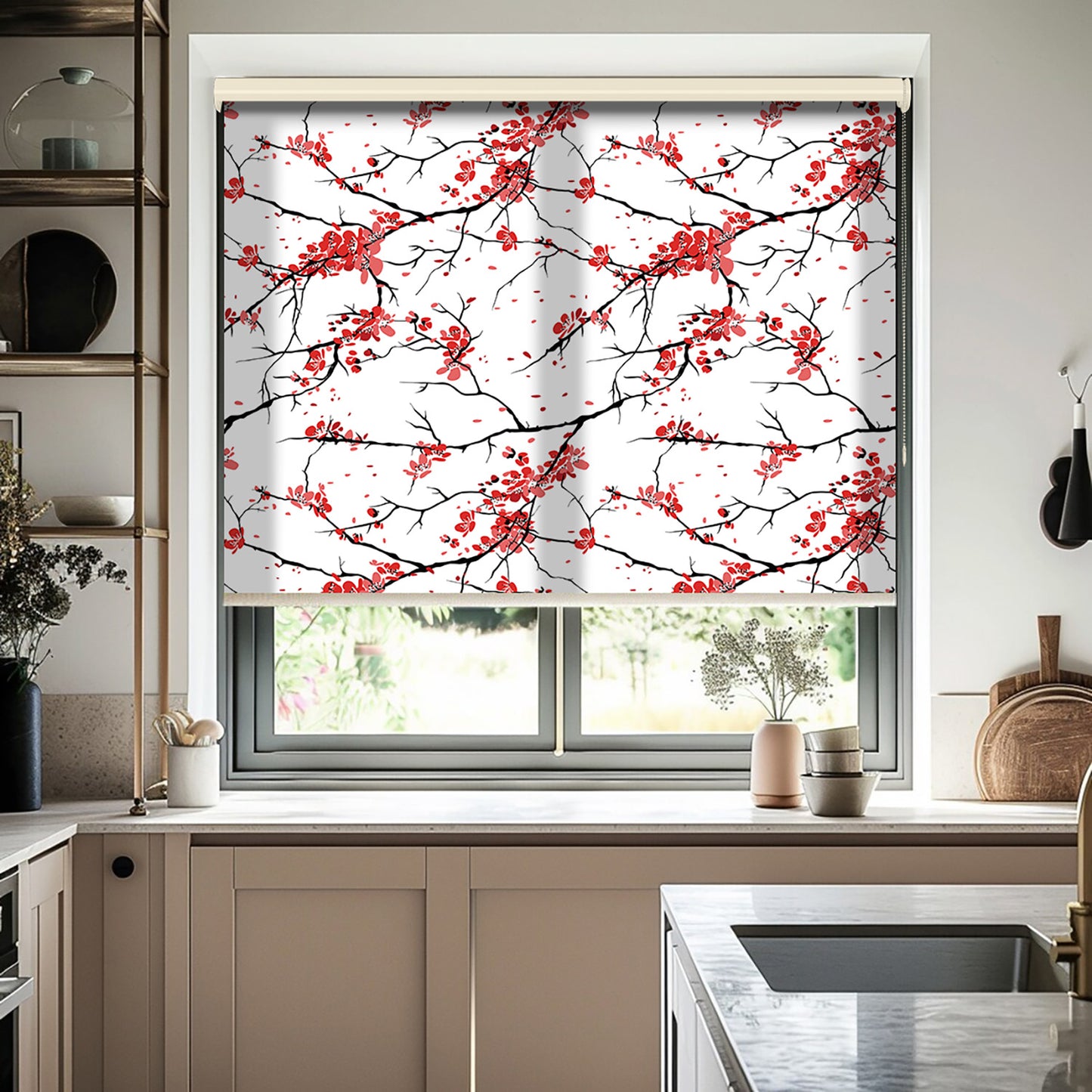 Kiraz Dalları Baskılı Stor Perde - Baskılı Güneşlik Perdesi - Salon Perdesi - AD HOME Tekstil