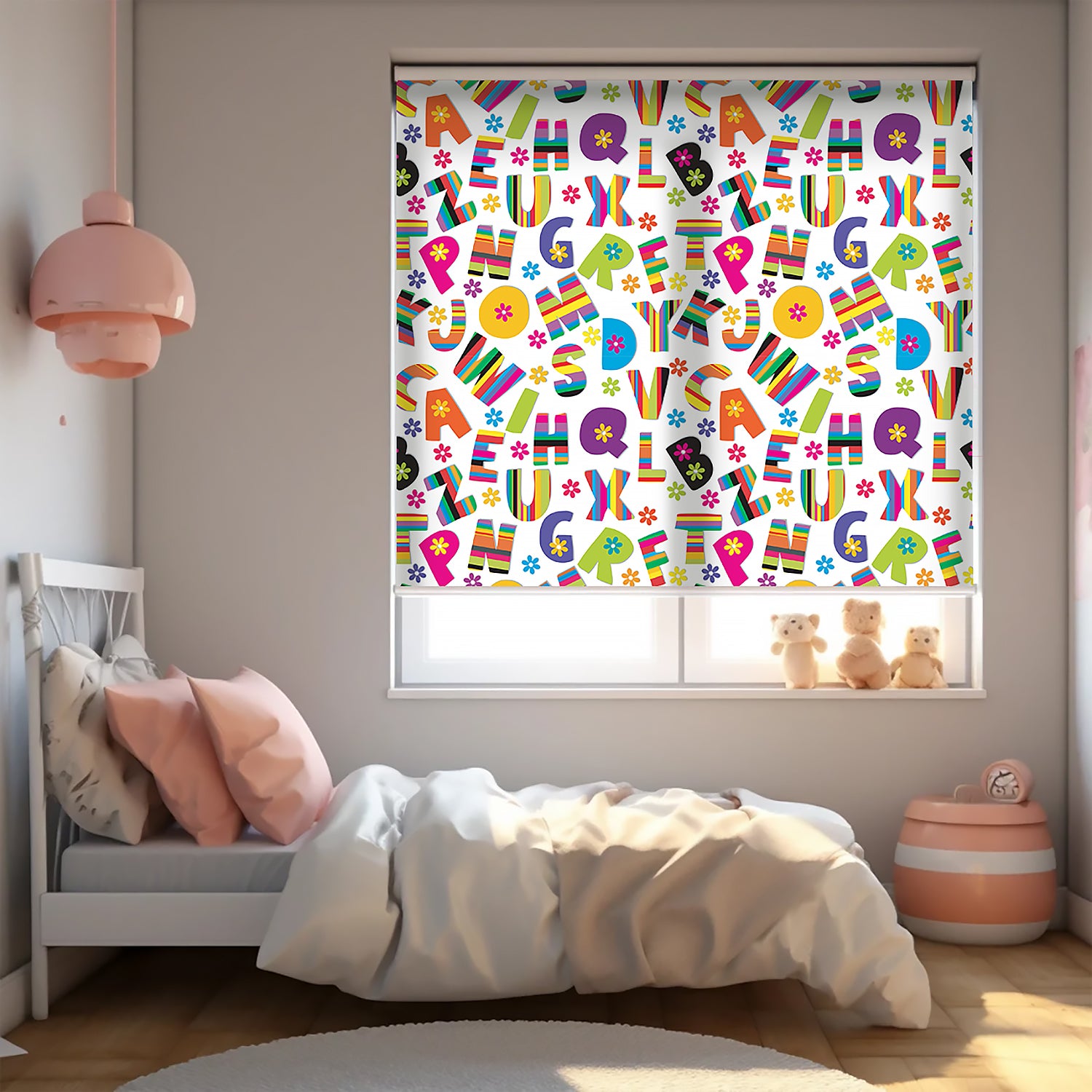 Renkli Alfabe Baskılı Stor Perde - Baskılı Güneşlik Perdesi - Erkek Çocuk Odası Perdesi - AD HOME Tekstil