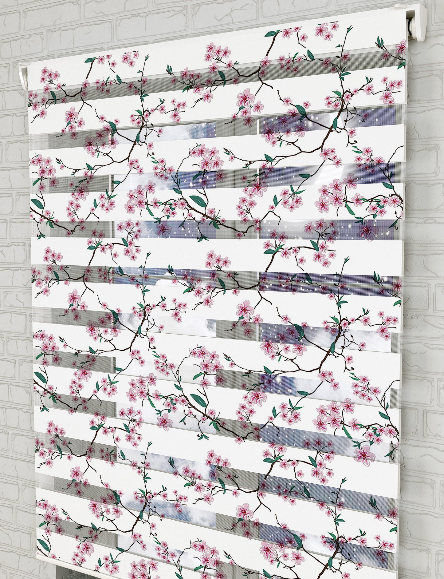 Pembe Çiçekler ve Dallar Baskılı Zebra Perde - Mutfak Perdesi - AD HOME Tekstil