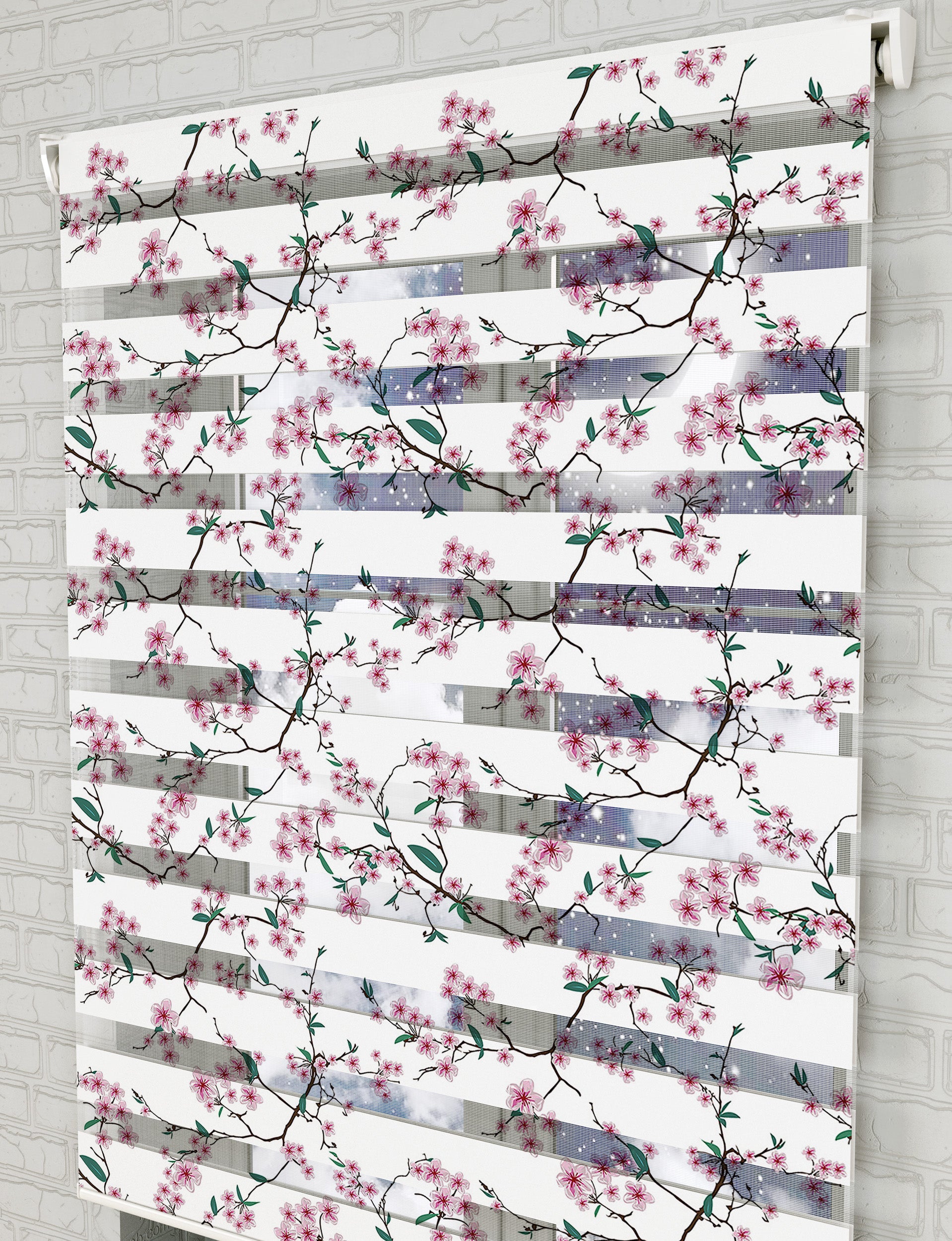 Pembe Çiçekler ve Dallar Baskılı Zebra Perde - Mutfak Perdesi - AD HOME Tekstil