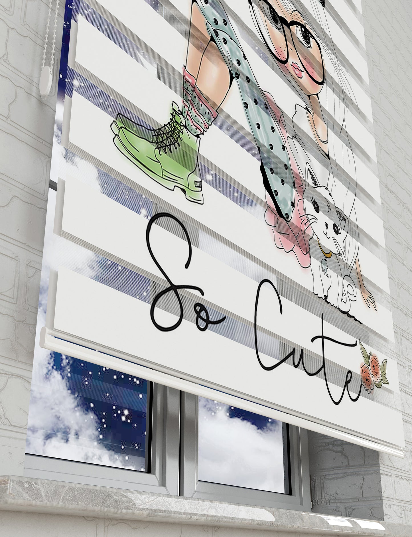 Cute Girl Vektör Baskılı Zebra Perde - Kız Çocuk Odası Perdesi - AD HOME Tekstil