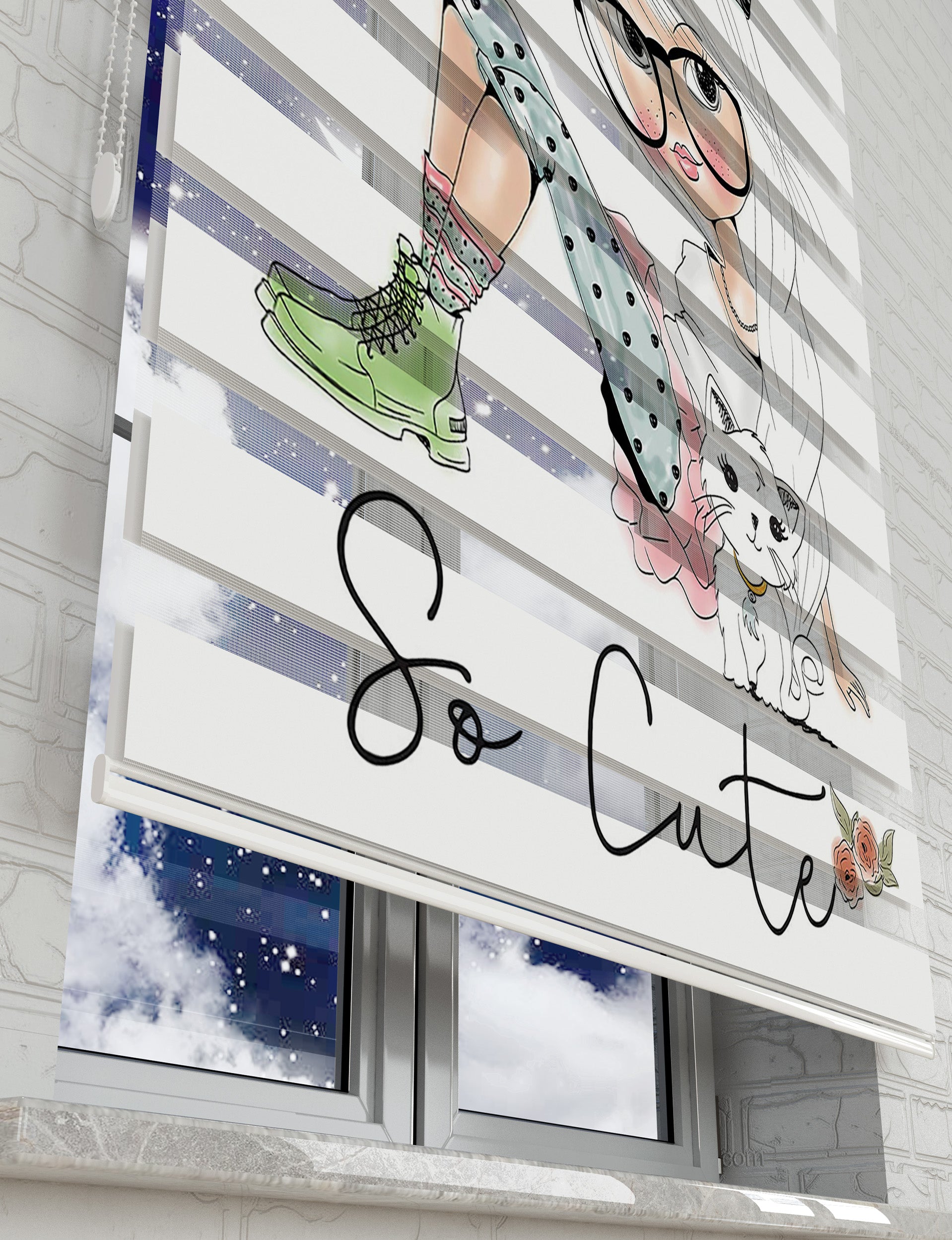 Cute Girl Vektör Baskılı Zebra Perde - Kız Çocuk Odası Perdesi - AD HOME Tekstil