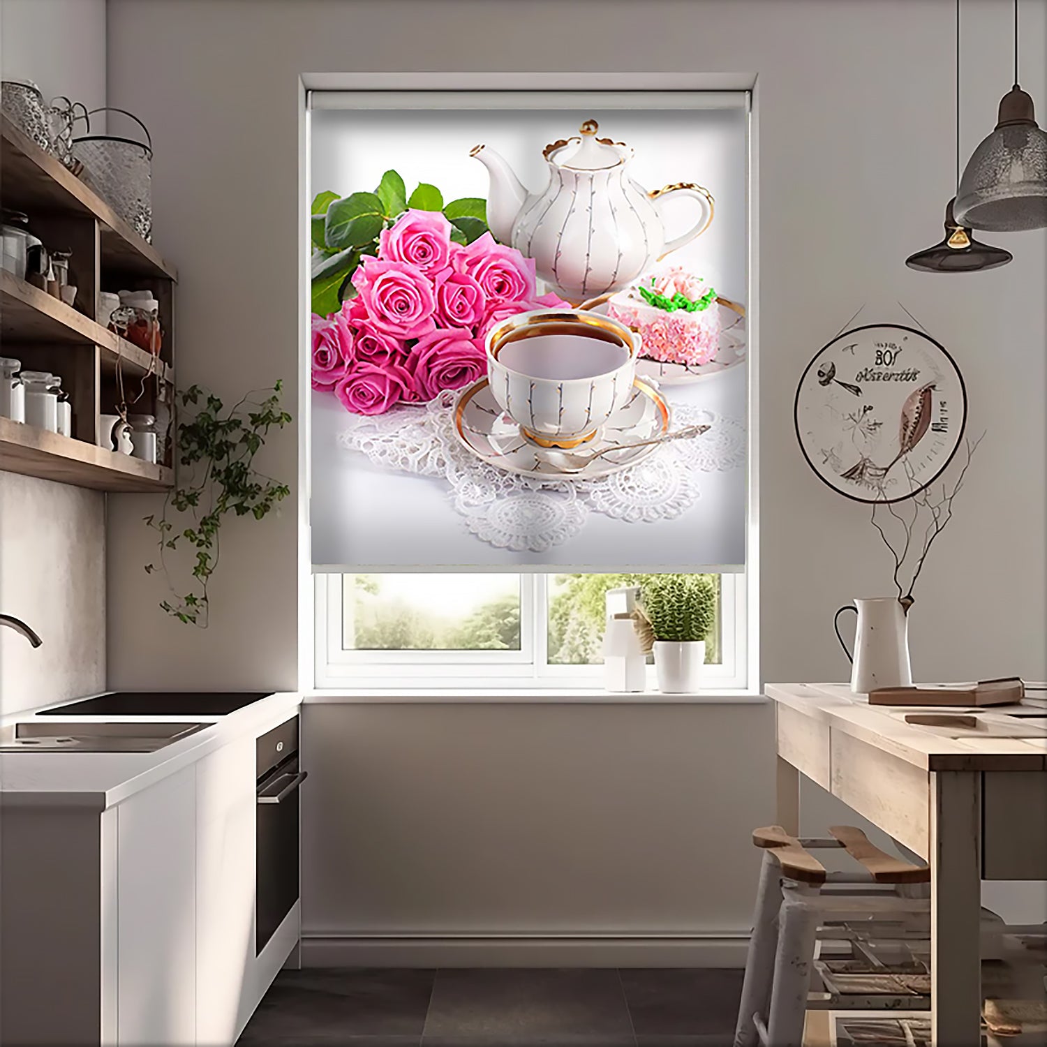 Pembe Gül ve Fincan Baskılı Stor Perde - Baskılı Güneşlik Perdesi - Mutfak Perdesi