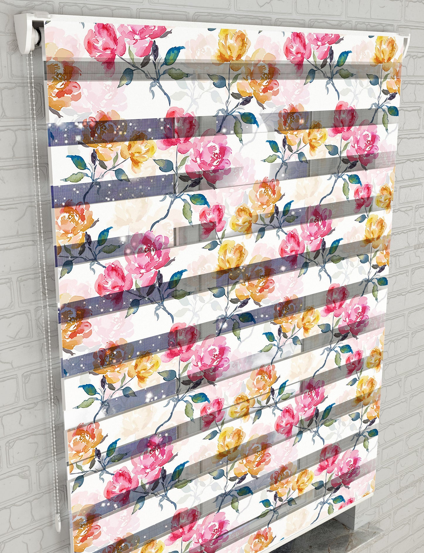 Pembe Sarı Güller Suluboya Baskılı Zebra Perde - Mutfak Perdesi, Salon Perdesi - AD HOME Tekstil